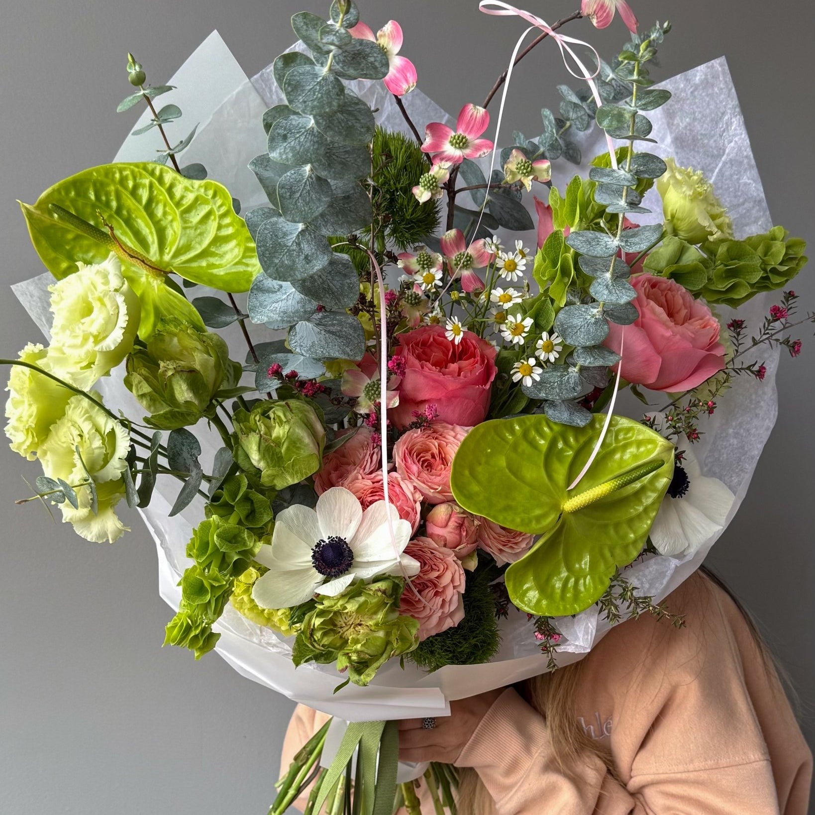 Bouquet “Verdant Blush” - anthuriums, garden roses, seasonal flowers - All Me Flowers