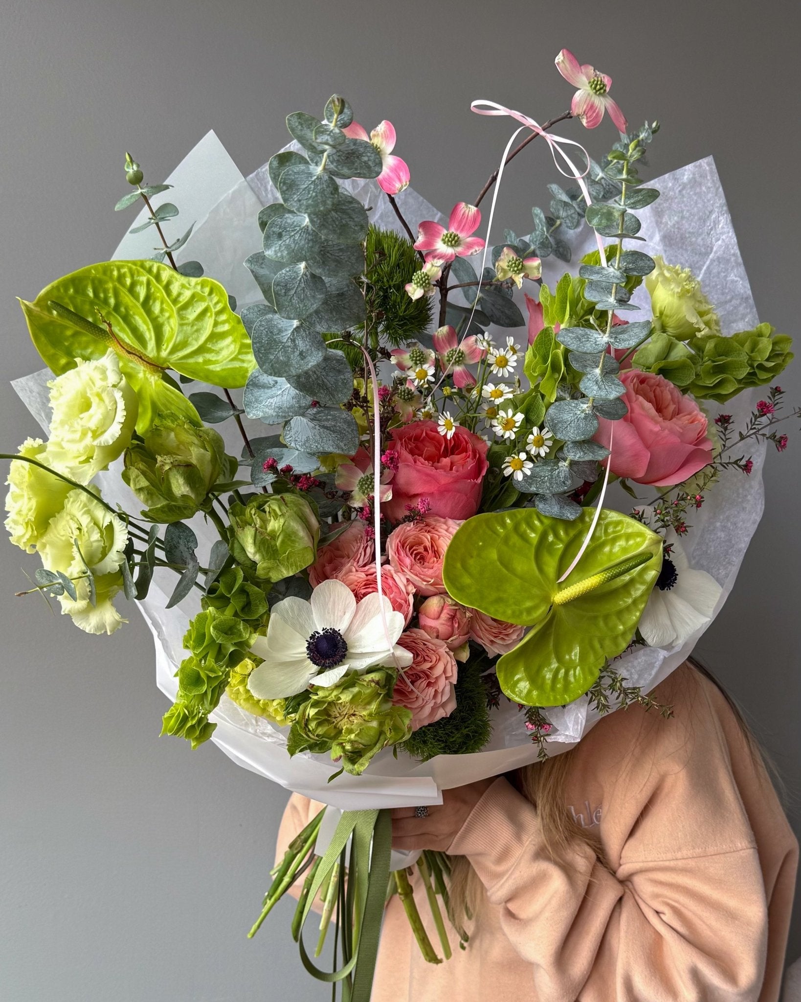 Bouquet “Verdant Blush” - anthuriums, garden roses, seasonal flowers - All Me Flowers