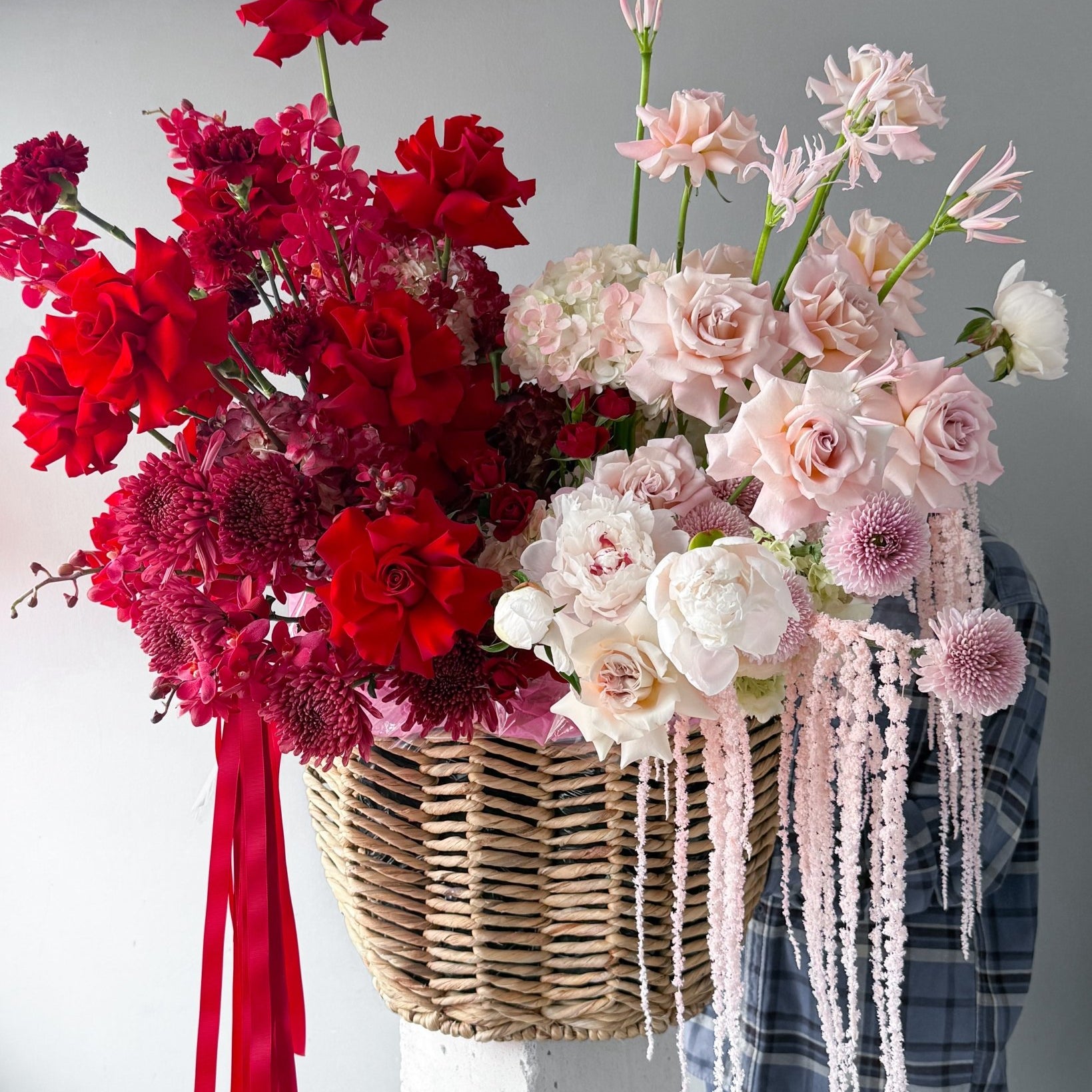 Flow Basket "Ruby" - roses, ranunculuses, peonies, seasonal flowers - All Me Flowers