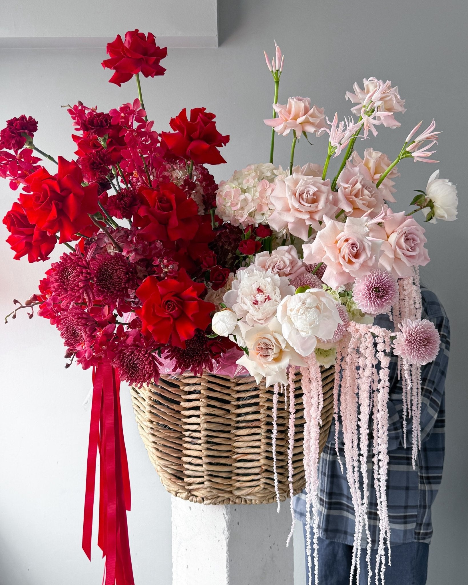 Flow Basket "Ruby" - roses, ranunculuses, peonies, seasonal flowers - All Me Flowers