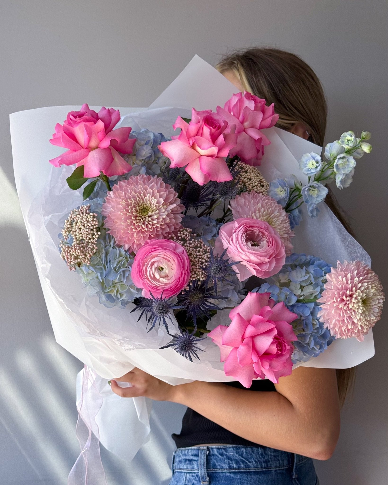 Flow Bouquet “Cotton” - roses, hydrangeas, ranunculuses, seasonal flowers - All Me Flowers