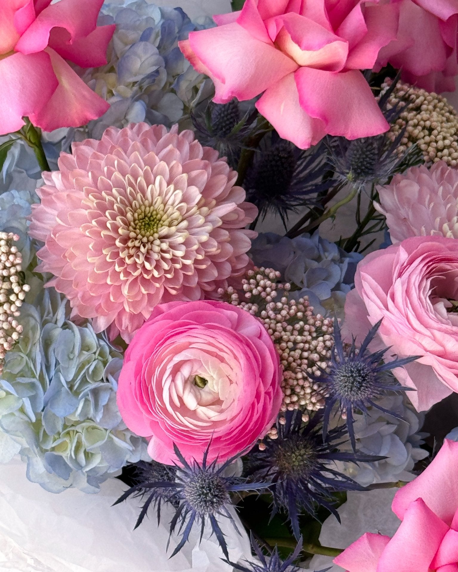 Flow Bouquet “Cotton” - roses, hydrangeas, ranunculuses, seasonal flowers - All Me Flowers