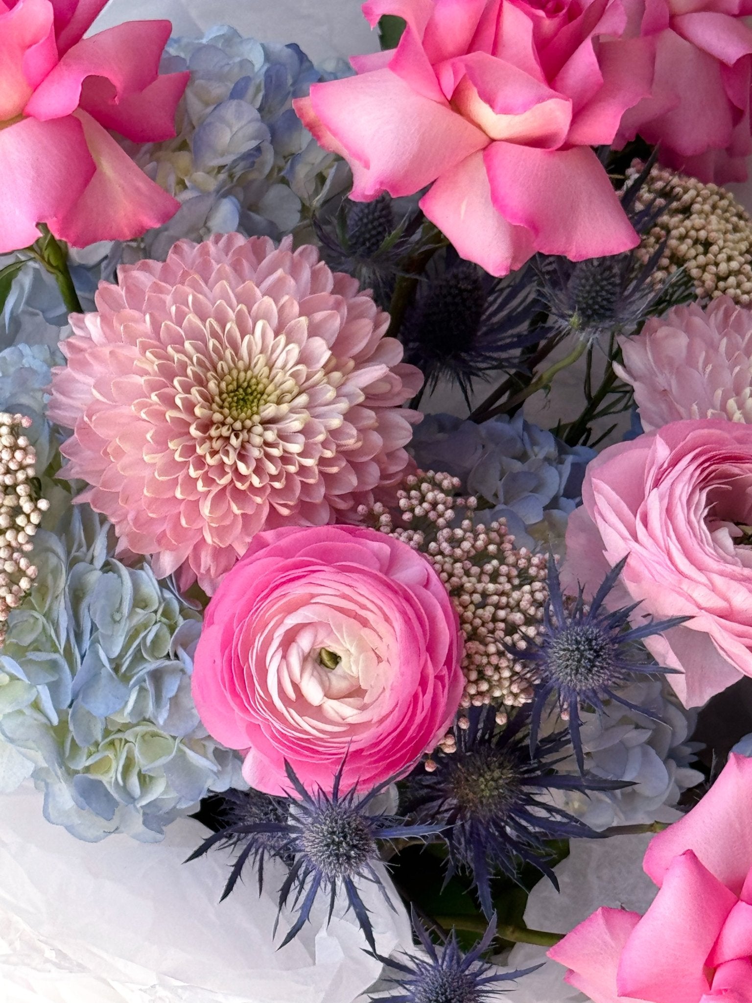Flow Bouquet “Cotton” - roses, hydrangeas, ranunculuses, seasonal flowers - All Me Flowers