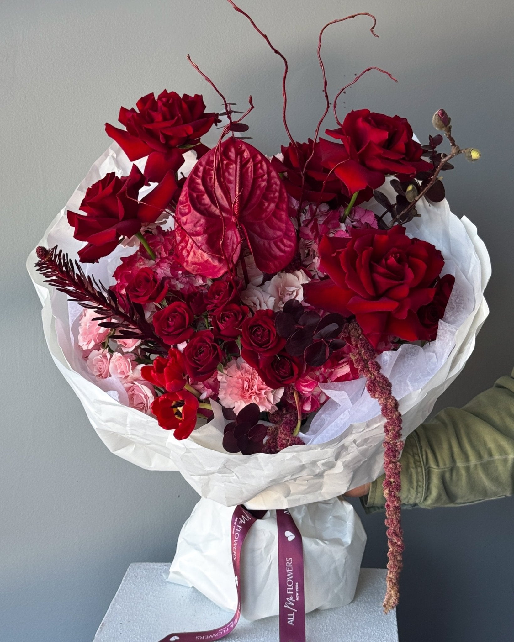 Flow Bouquet "Ruby" - roses, anthuriums, seasonal flowers - All Me Flowers