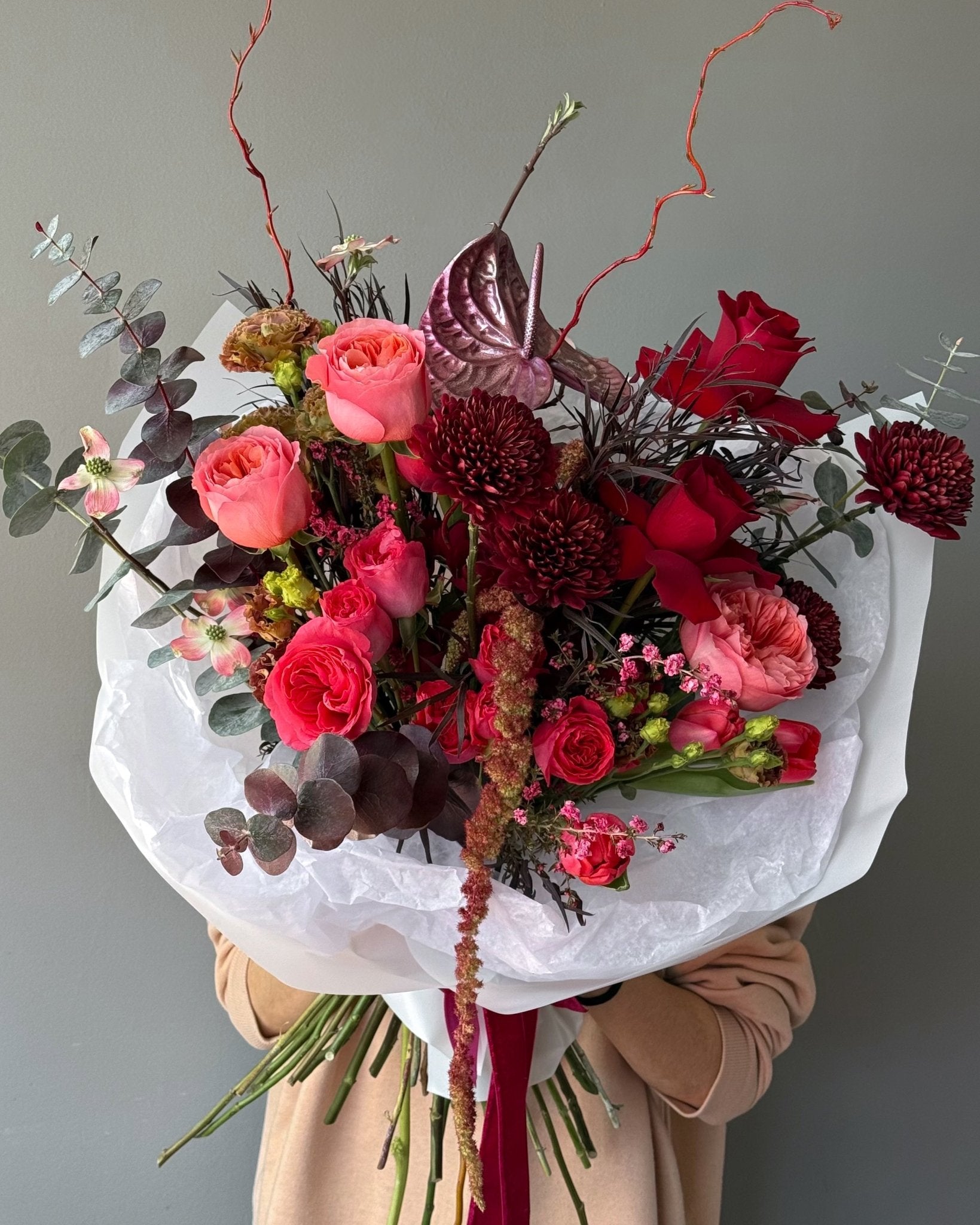 Flow Bouquet "Ruby" - roses, anthuriums, seasonal flowers - All Me Flowers