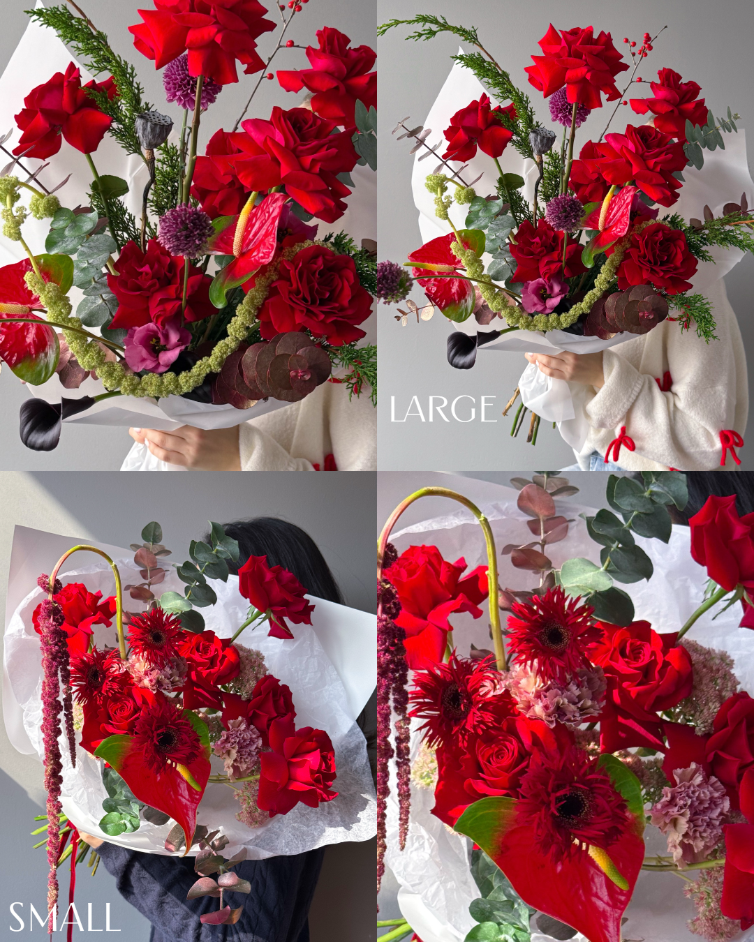 Flow Bouquet "Ruby" - roses, anthuriums, seasonal flowers - All Me Flowers