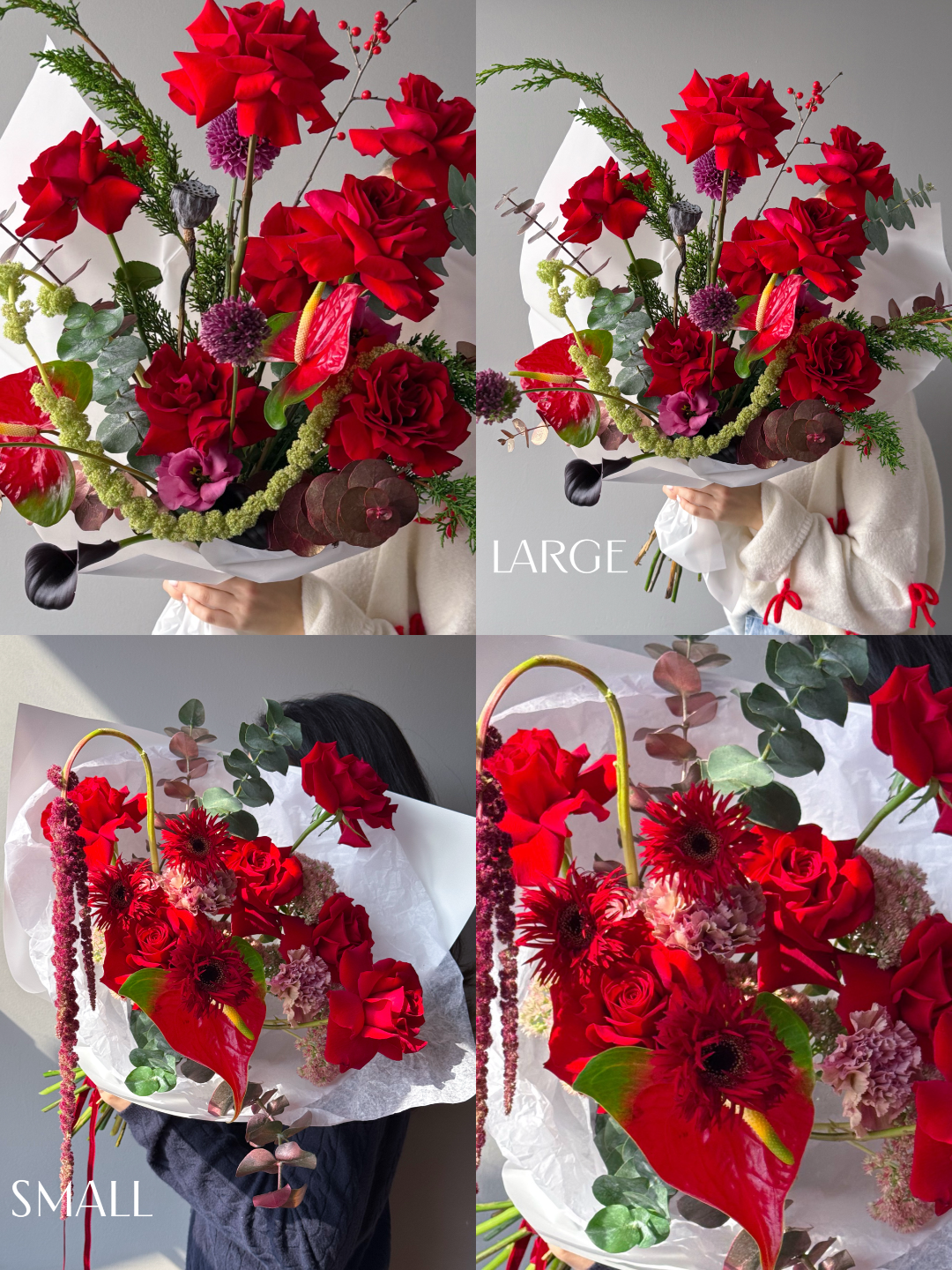 Flow Bouquet "Ruby" - roses, anthuriums, seasonal flowers - All Me Flowers