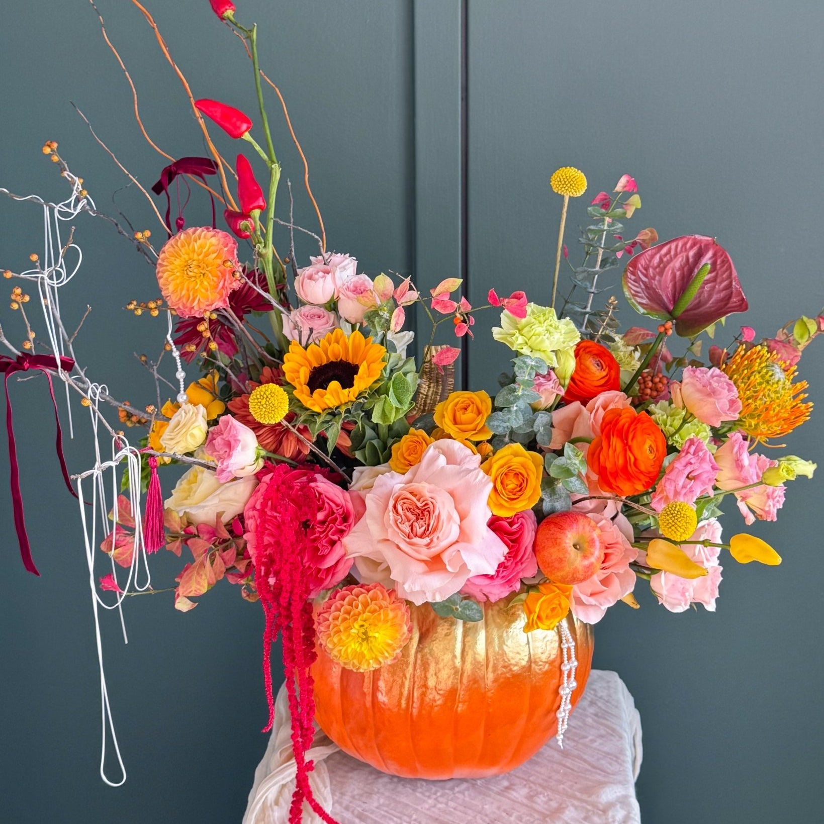 Pumpkin Arrangement “Autumn Glow” - roses, seasonal flowers - All Me Flowers