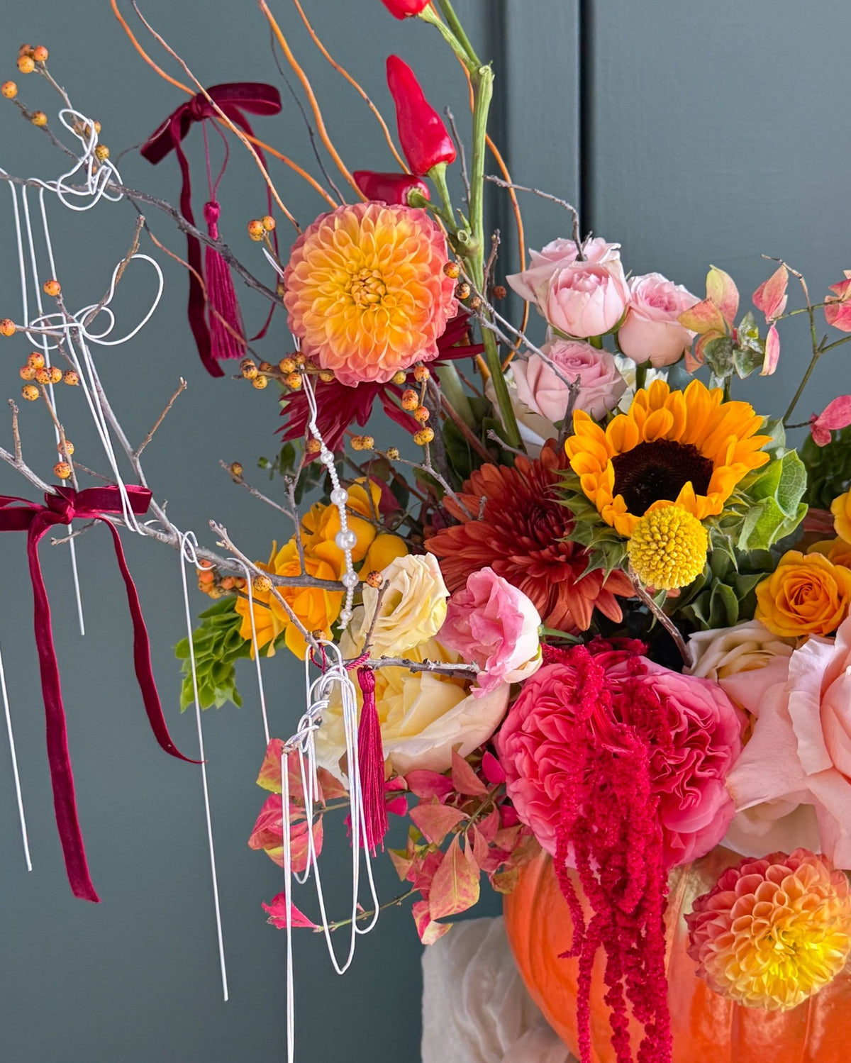 Pumpkin Arrangement “Autumn Glow” - roses, seasonal flowers - All Me Flowers