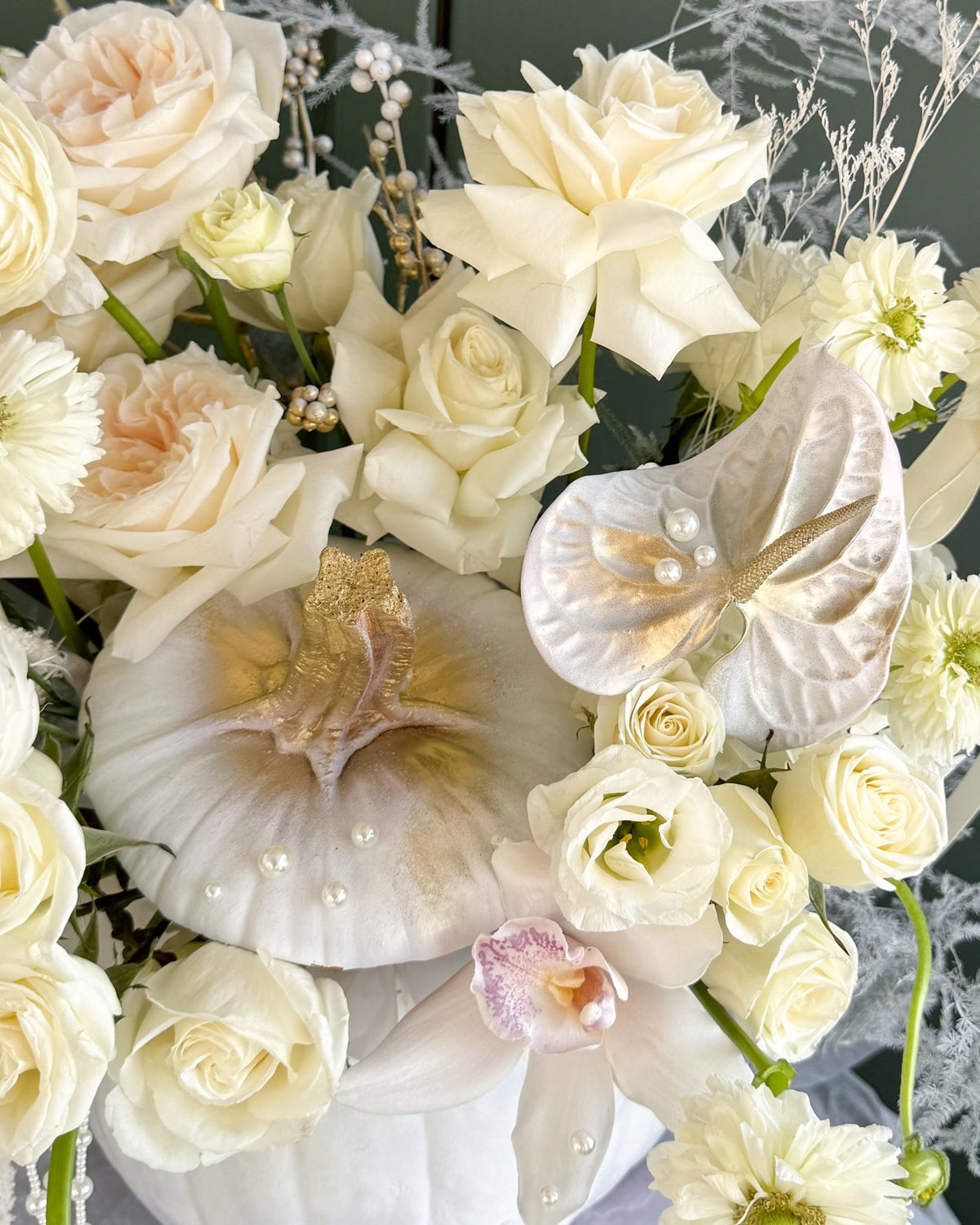 Pumpkin Arrangement “Ivory Enchantment” - roses, seasonal flowers - All Me Flowers