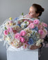 Round Basket "Cotton" - roses, hydrangeas, seasonal flowers - All Me Flowers