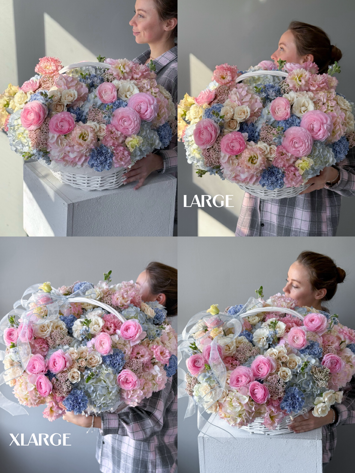 Round Basket "Cotton" - roses, hydrangeas, seasonal flowers - All Me Flowers