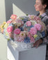 Round Basket "Cotton" - roses, hydrangeas, seasonal flowers - All Me Flowers