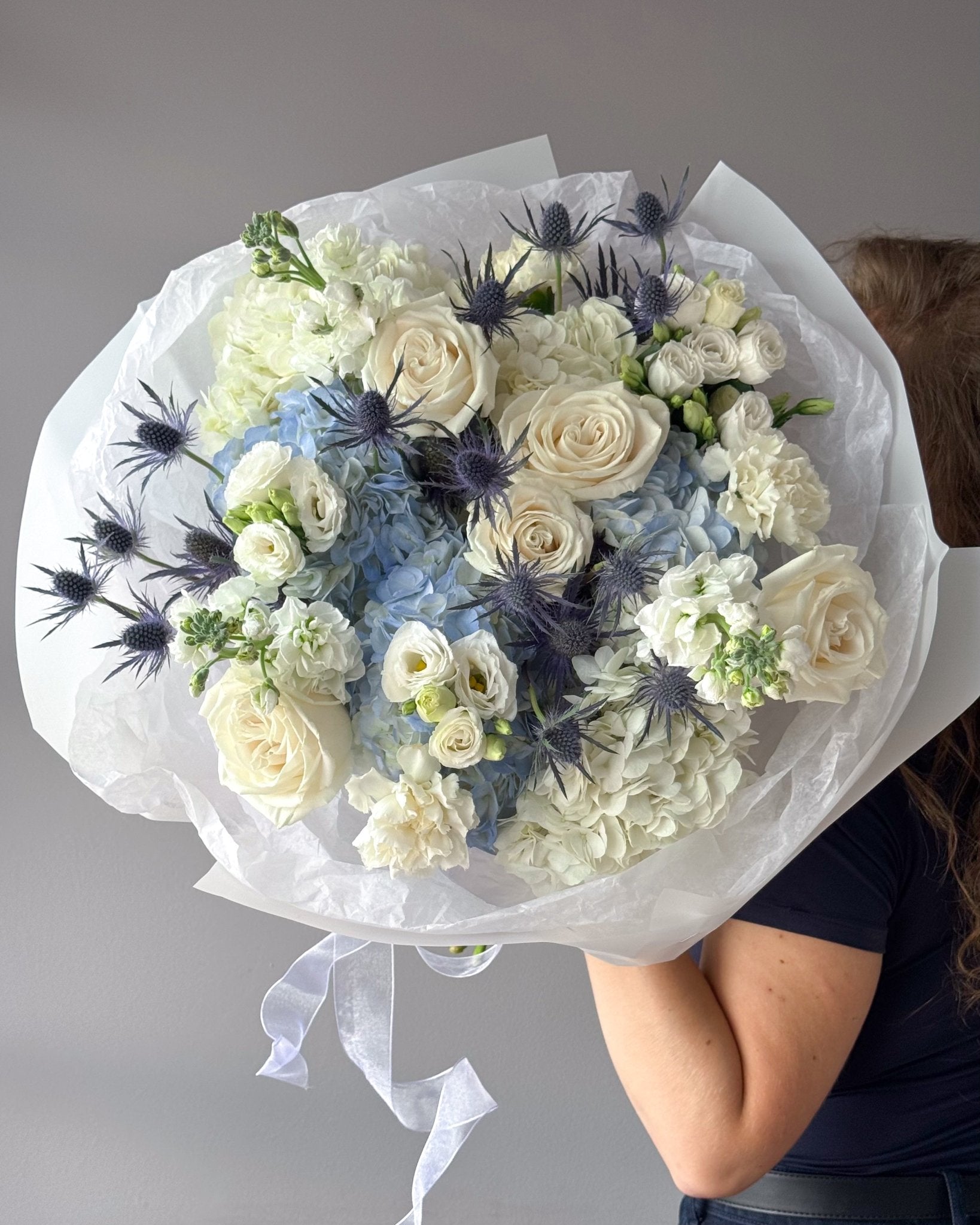 Round Bouquet "Baby Blue" - roses, hydrangeas, seasonal flowers - All Me Flowers