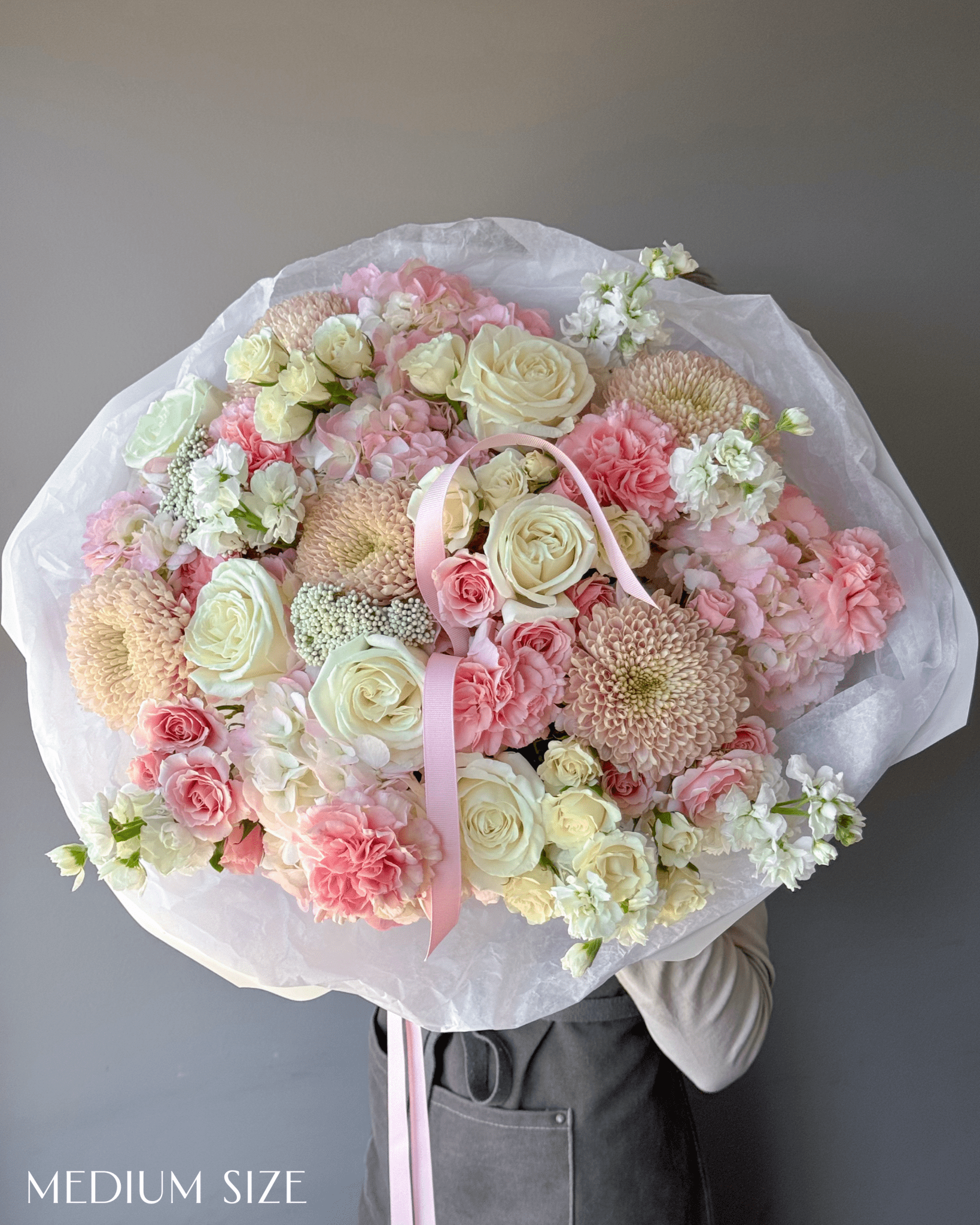 Round Bouquet “Blush” - roses, ranunculuses, hydrangeas, seasonal flowers - All Me Flowers