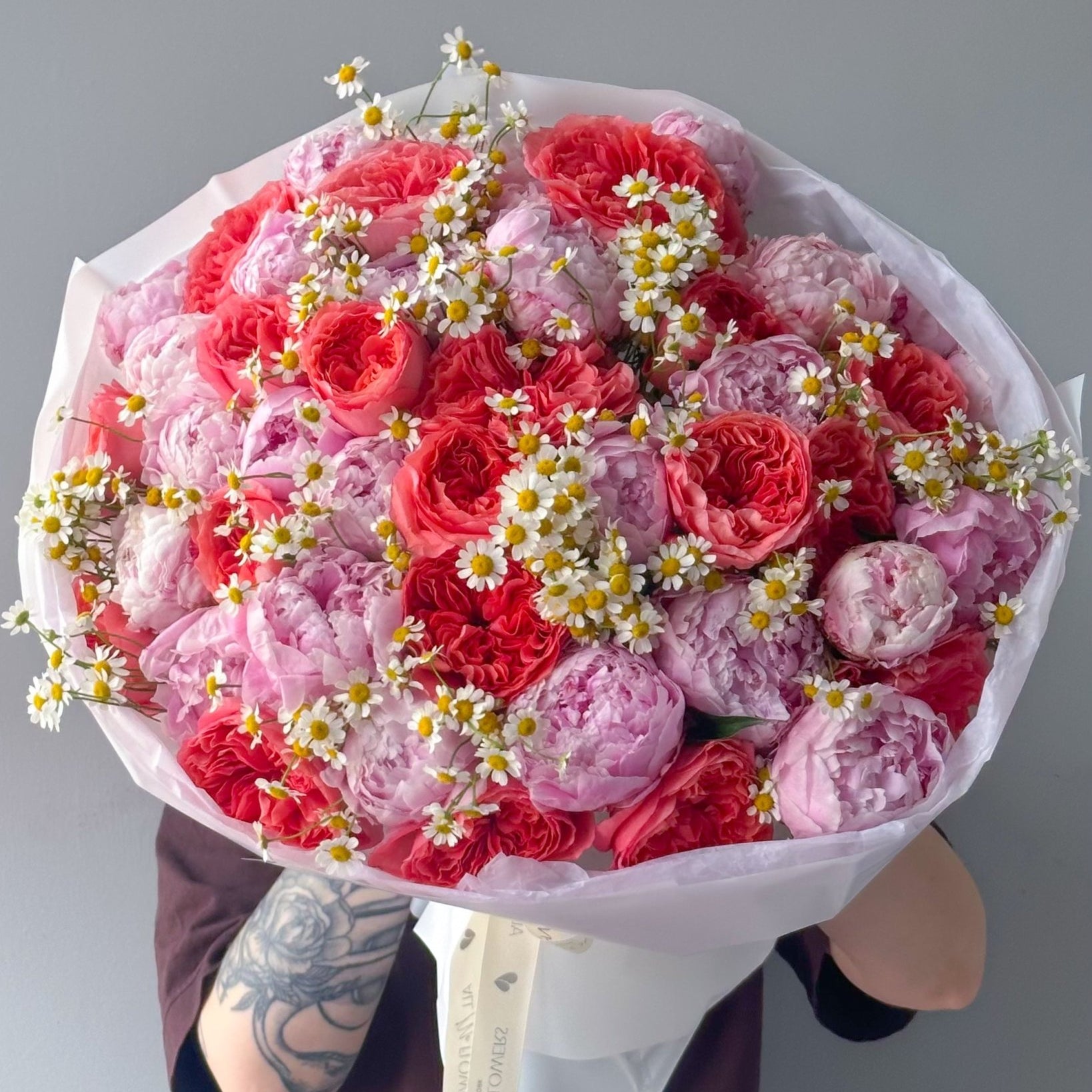 Trio bouquet “Warm June” - peonies, chamomile, peony roses - All Me Flowers