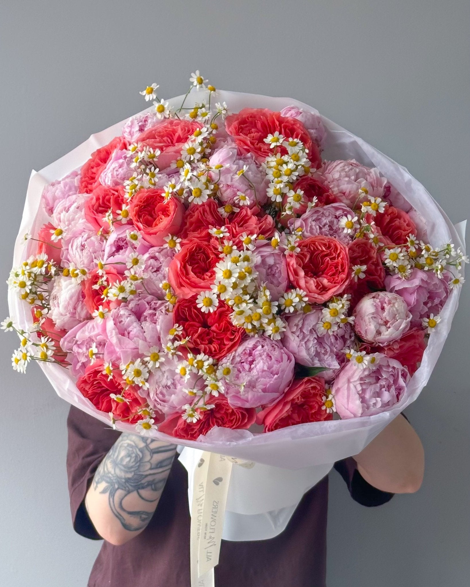 Trio bouquet “Warm June” - peonies, chamomile, peony roses - All Me Flowers