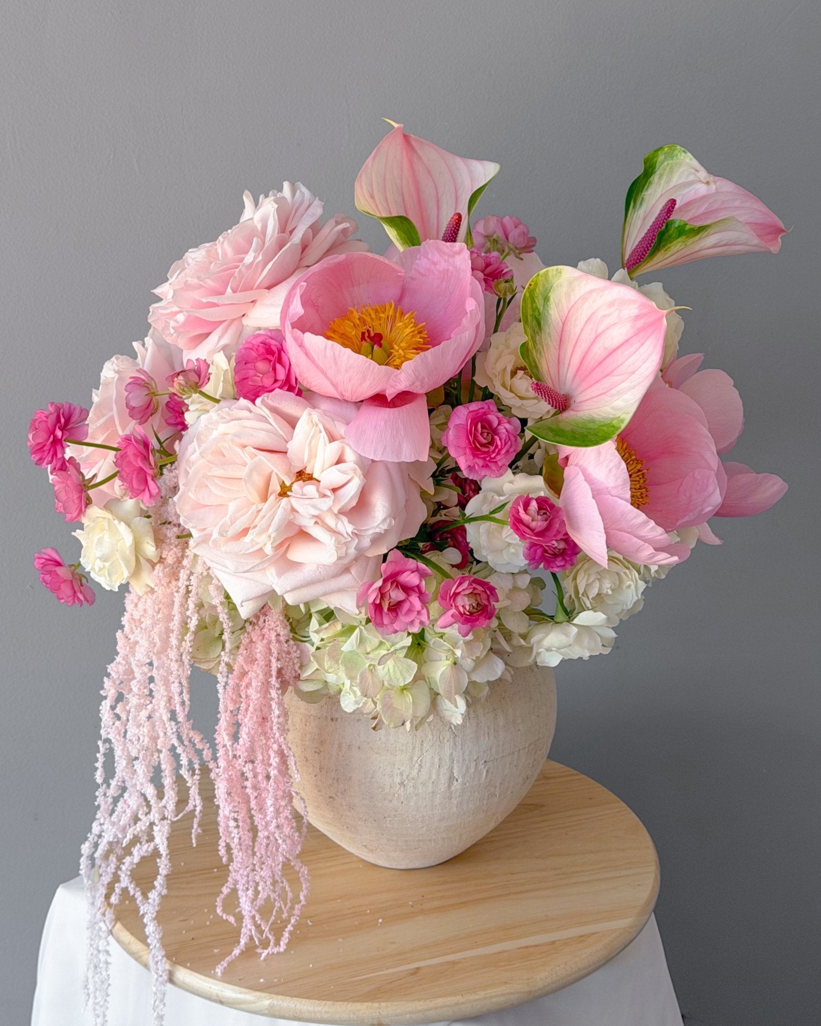 Vase Arrangement “Blush” - hydrangeas, roses, seasonal flowers, vase included - All Me Flowers