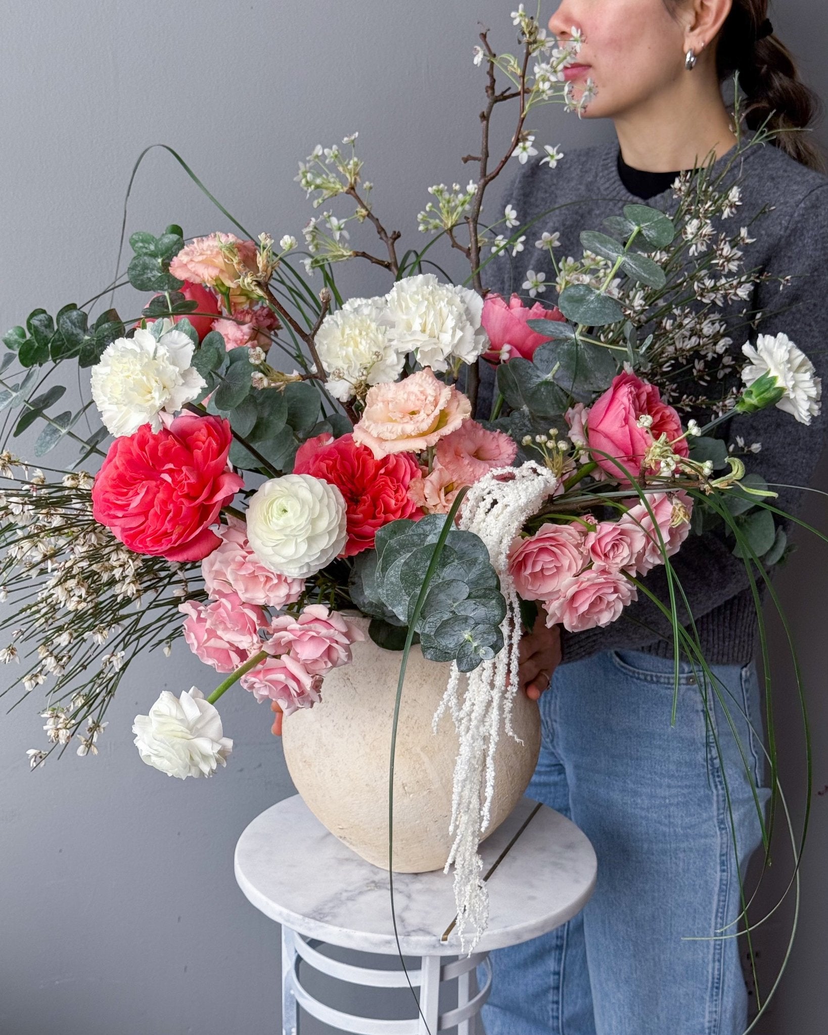 Vase Arrangement “Blush” - hydrangeas, roses, seasonal flowers, vase included - All Me Flowers