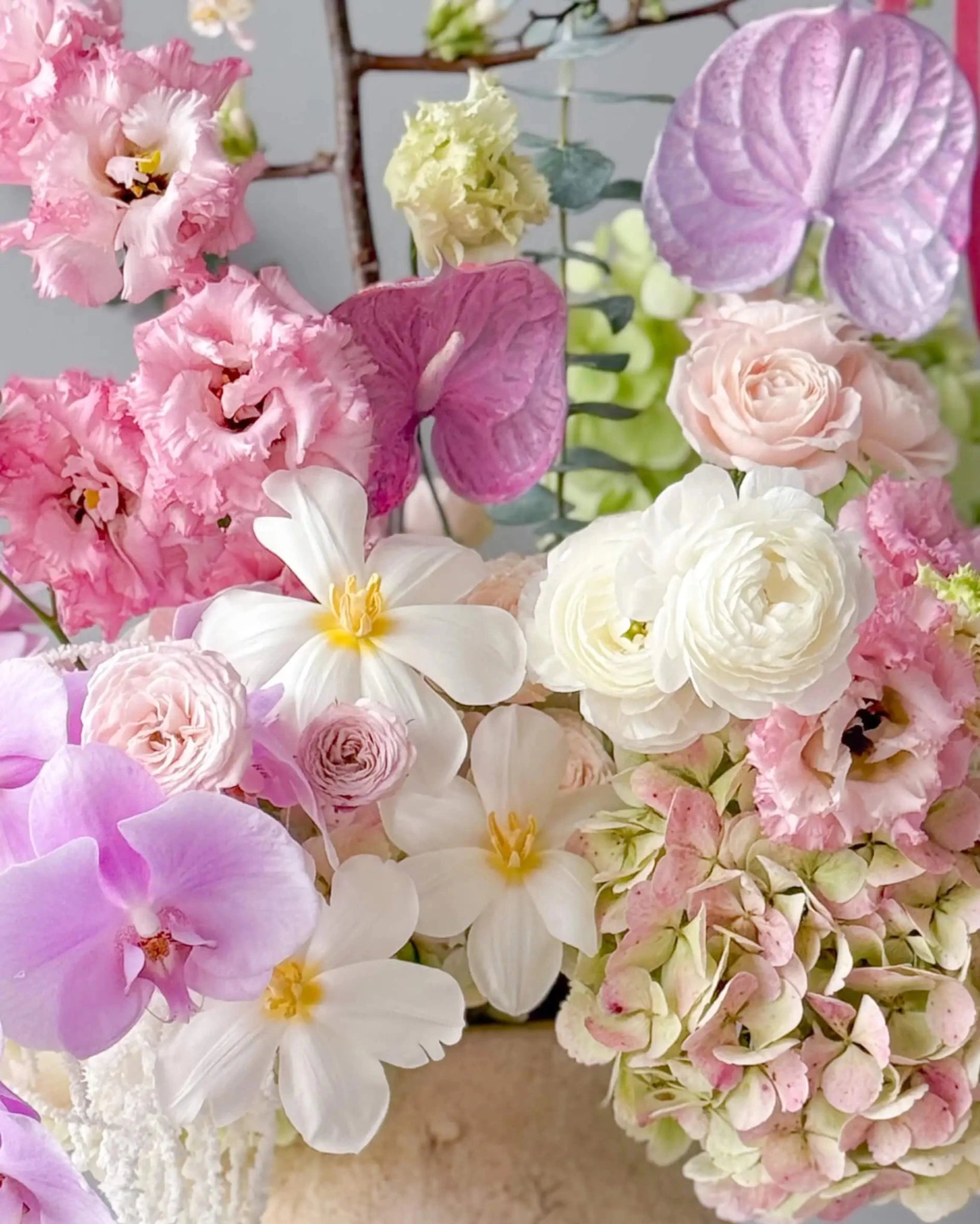 Vase Arrangement “Blush Reverie” - orchids, garden roses, anthurium, ranunculus, seasonal flowers - All Me Flowers