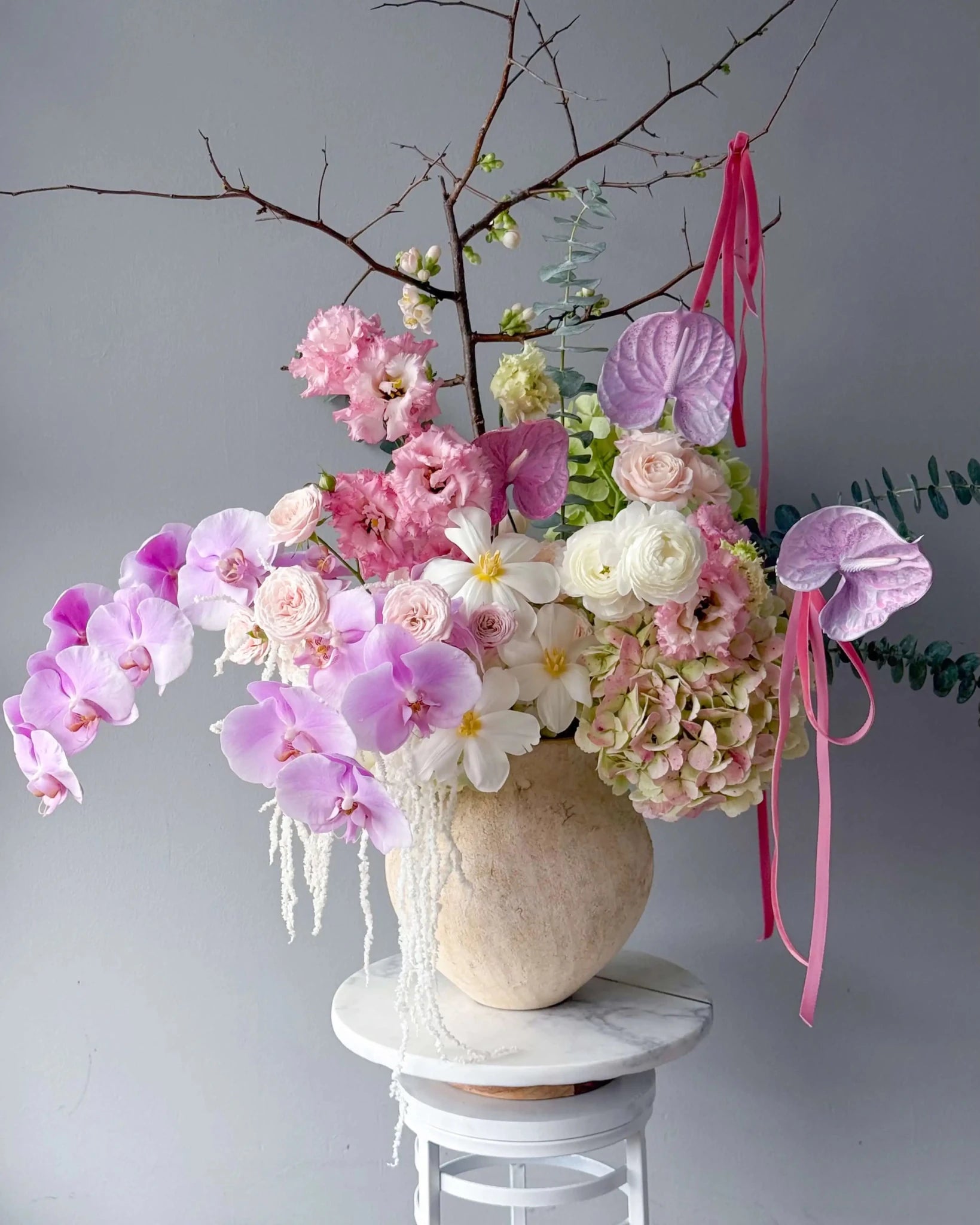 Vase Arrangement “Blush Reverie” - orchids, garden roses, anthurium, ranunculus, seasonal flowers - All Me Flowers