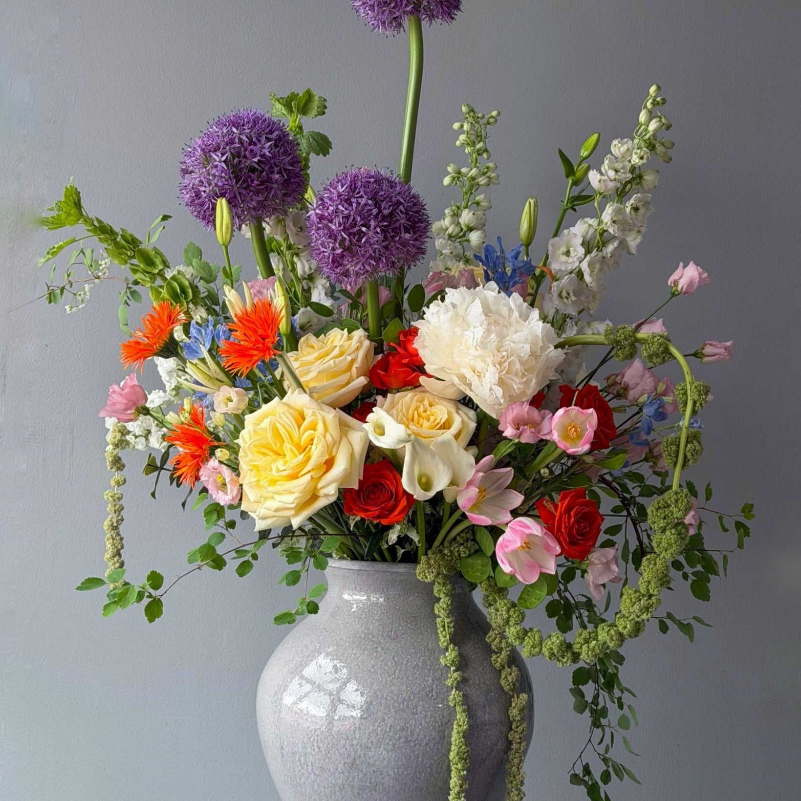 Vase Arrangement “Festival” - roses, mums, seasonal flowers, vase included - All Me Flowers