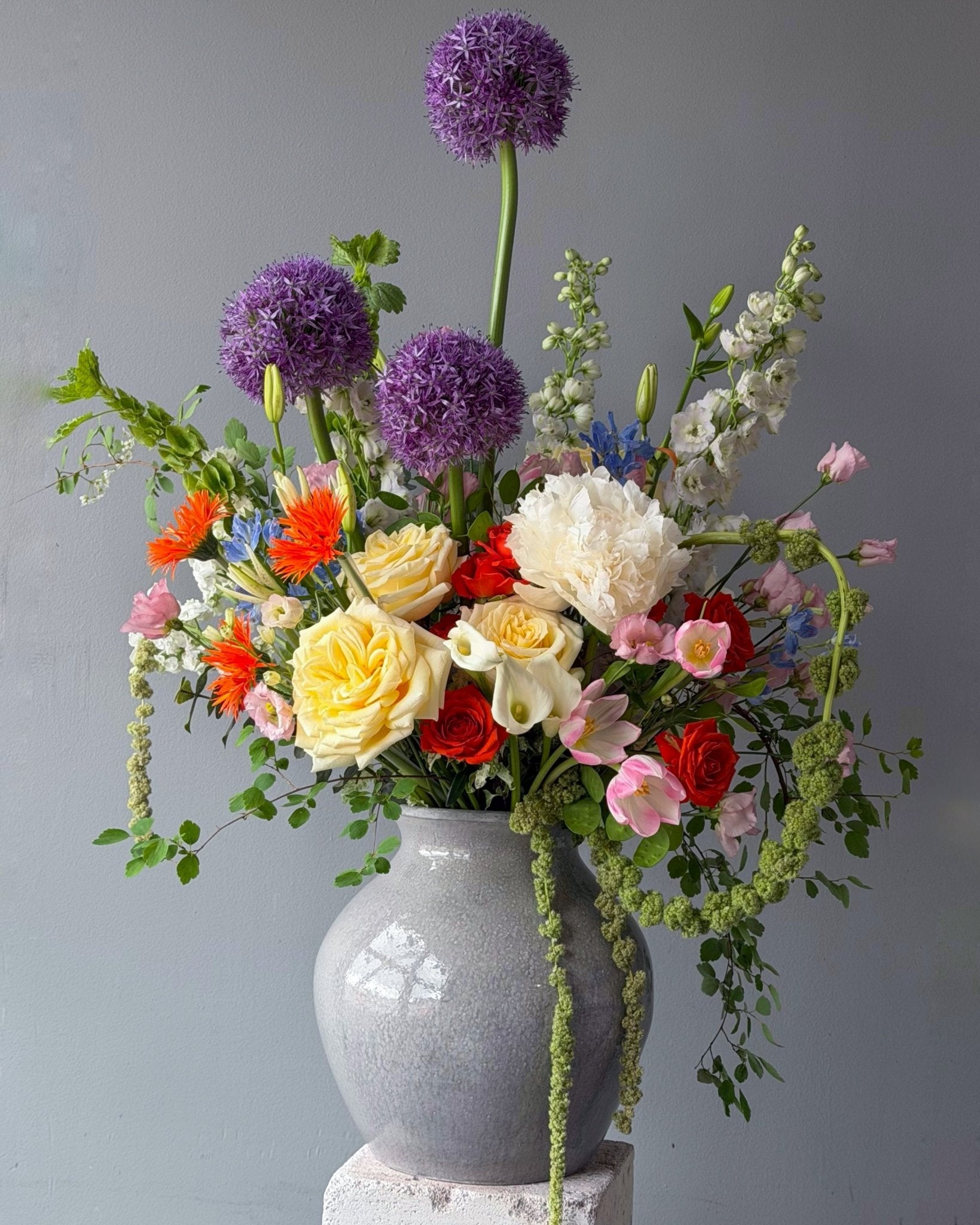 Vase Arrangement “Festival” - roses, mums, seasonal flowers, vase included - All Me Flowers