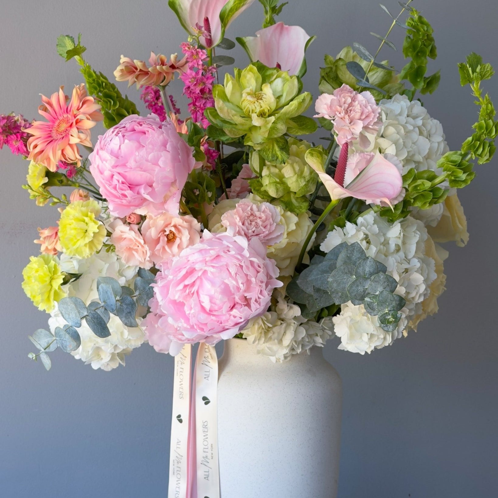 Vase Arrangement “Flourish” - peonies, garden roses, anthurium, seasonal flowers - All Me Flowers