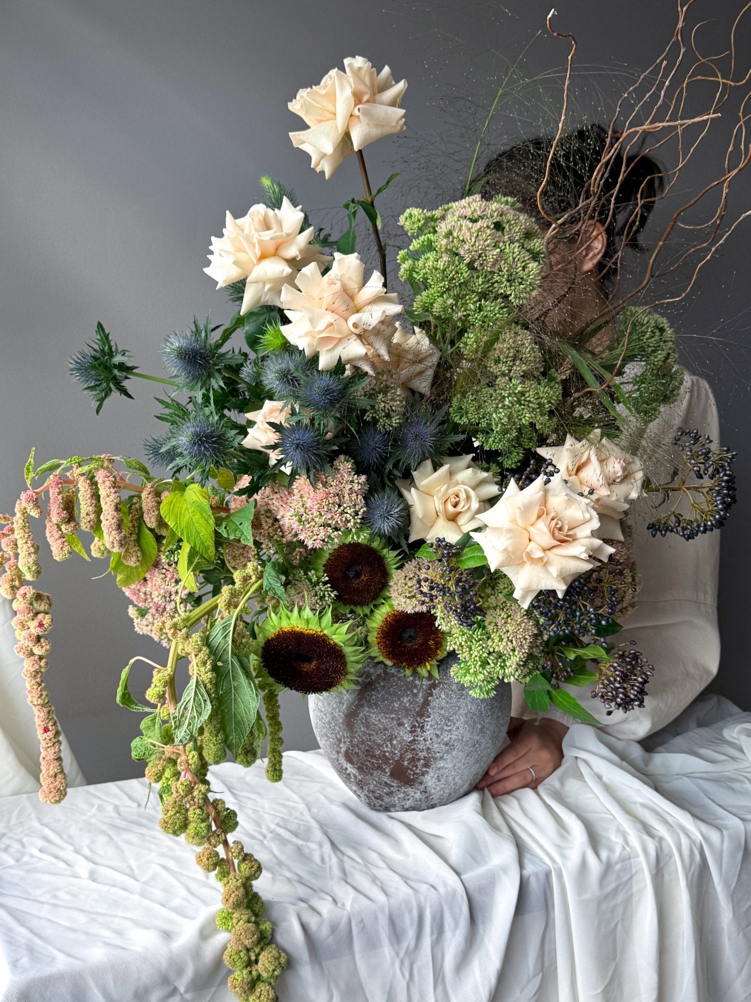 Vase Arrangement "Forest Reverie" - french roses, seasonal flowers, vase included - All Me Flowers
