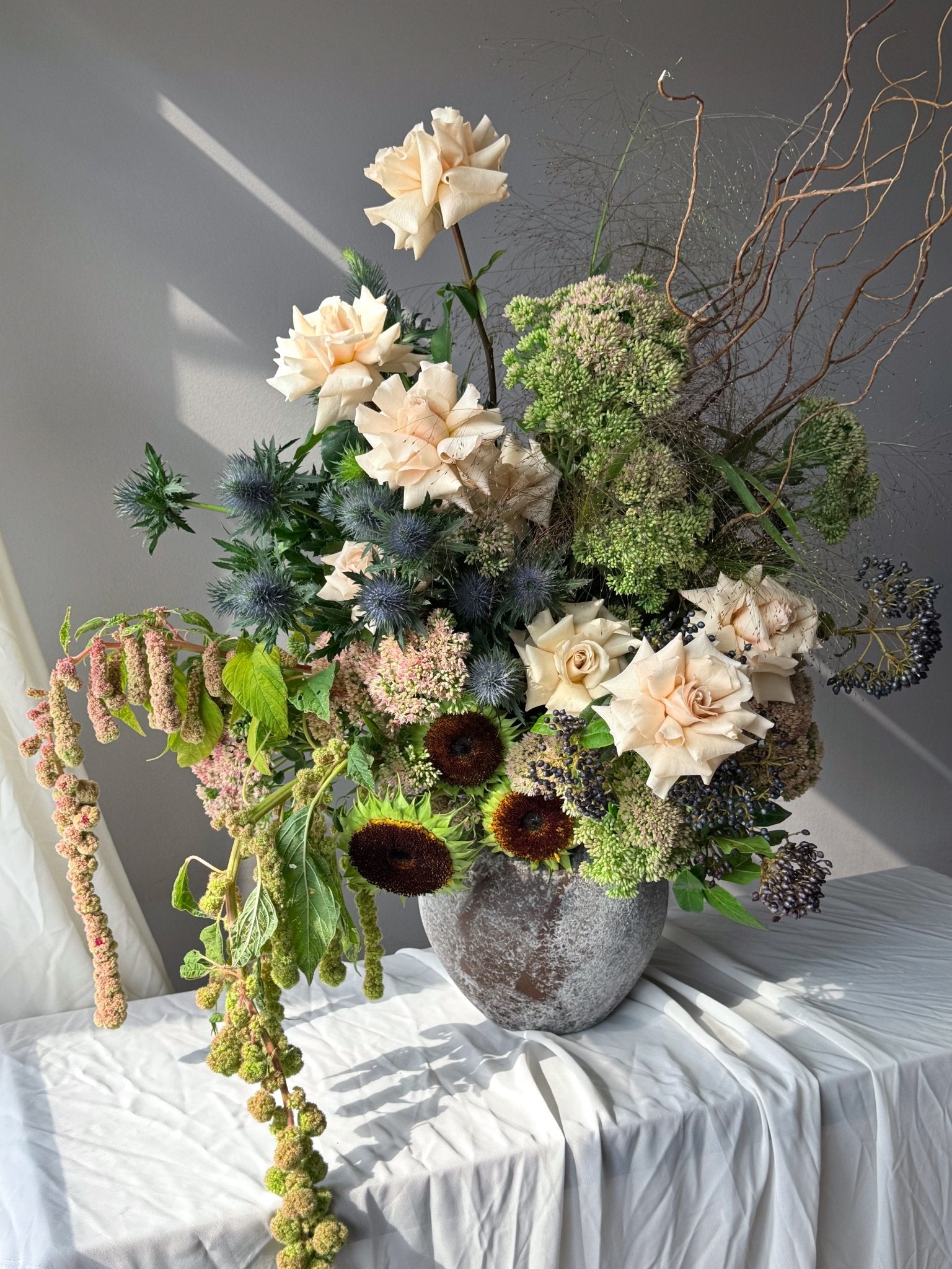 Vase Arrangement "Forest Reverie" - french roses, seasonal flowers, vase included - All Me Flowers