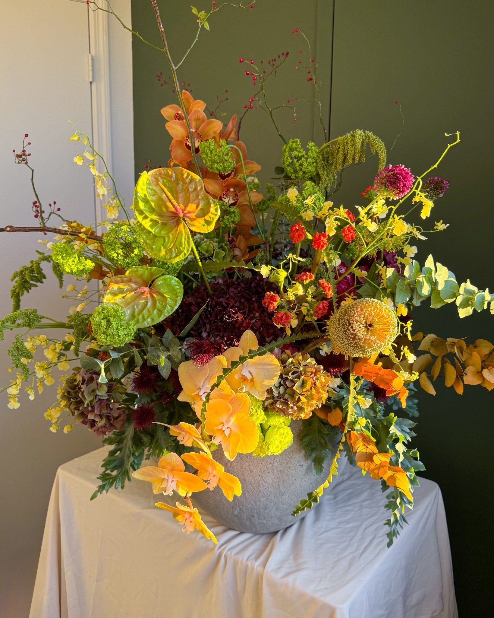 Vase Arrangement “Golden Harvest” - orchids, anthuriums, exotic seasonal flowers, vase included - All Me Flowers