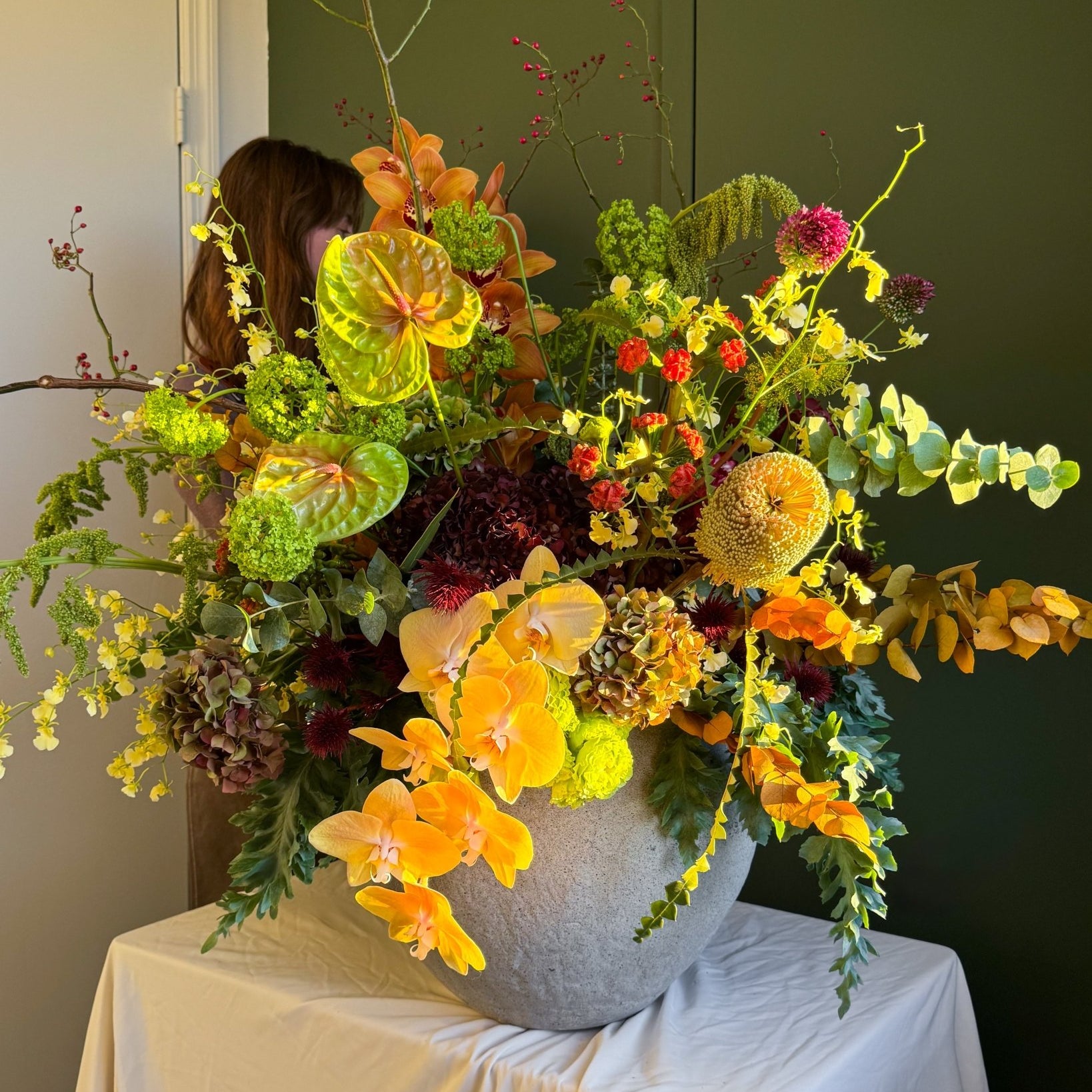 Vase Arrangement “Golden Harvest” - orchids, anthuriums, exotic seasonal flowers, vase included - All Me Flowers