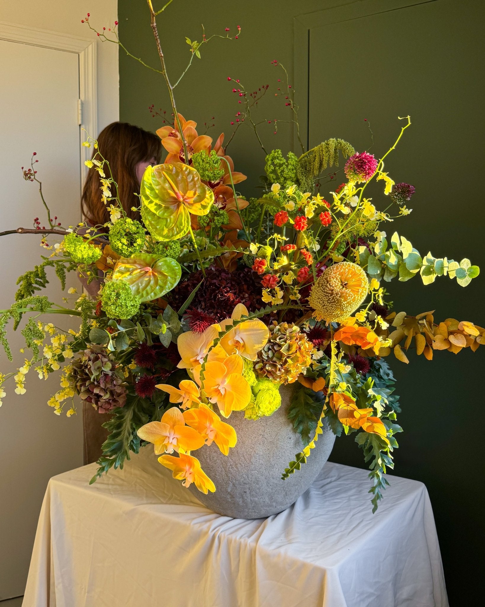 Vase Arrangement “Golden Harvest” - orchids, anthuriums, exotic seasonal flowers, vase included - All Me Flowers
