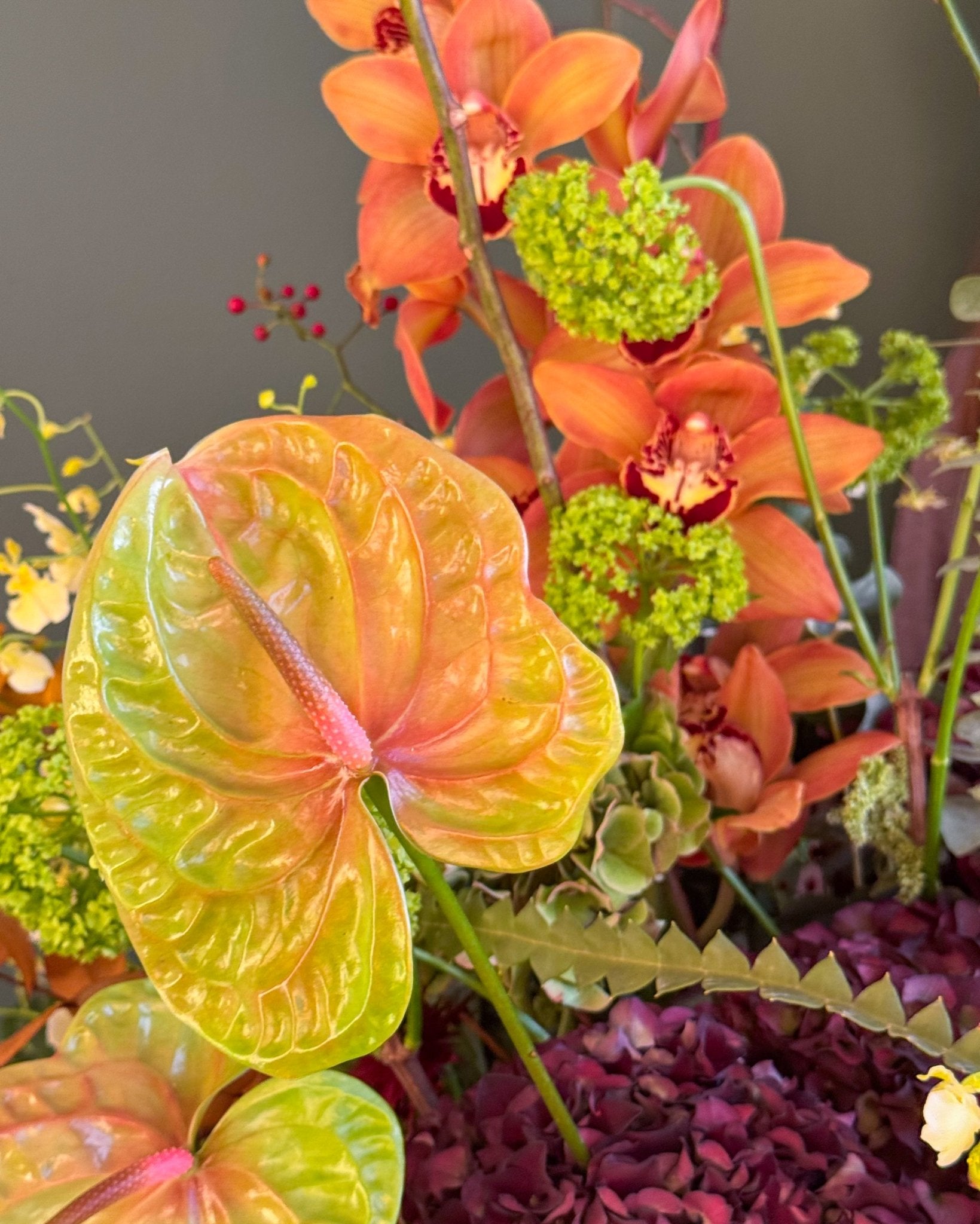 Vase Arrangement “Golden Harvest” - orchids, anthuriums, exotic seasonal flowers, vase included - All Me Flowers