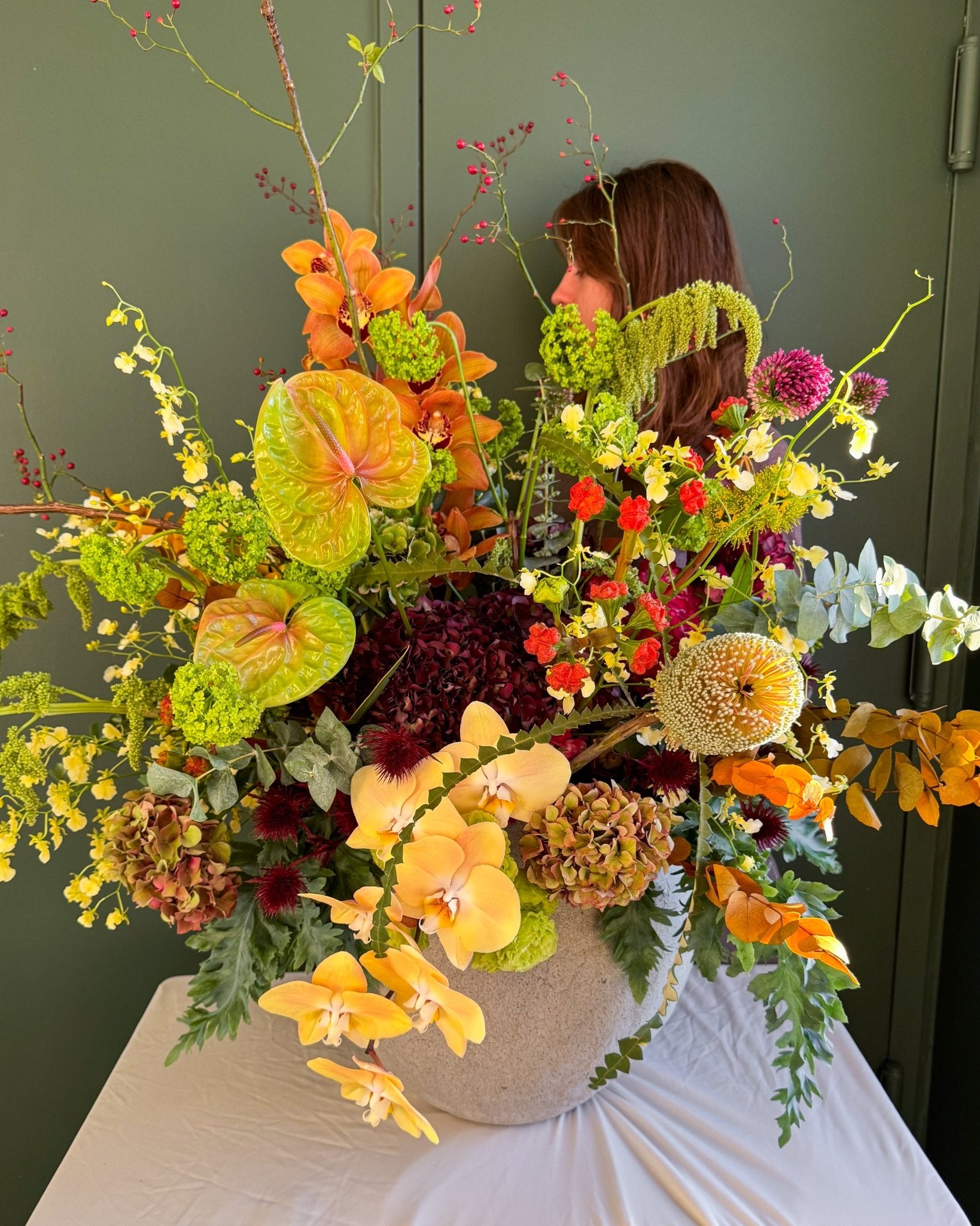 Vase Arrangement “Golden Harvest” - orchids, anthuriums, exotic seasonal flowers, vase included - All Me Flowers