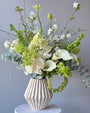 Vase Arrangement “Green Ivory” - roses, ranunculus, calla lilies, seasonal flowers, vase included - All Me Flowers