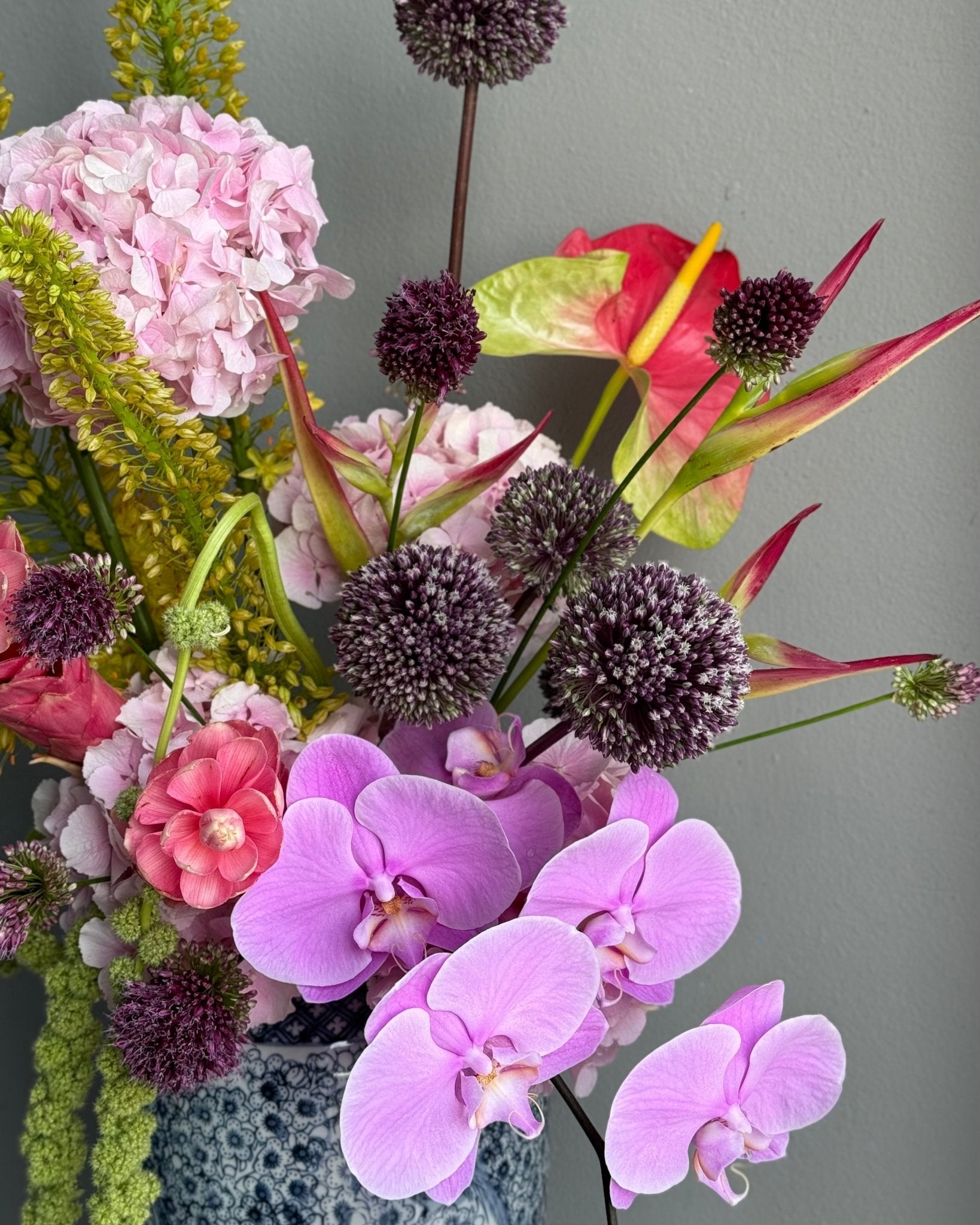 Vase Arrangement “Orchid Bloom” - orchids, anthuriums, birds of paradise, vase included - All Me Flowers