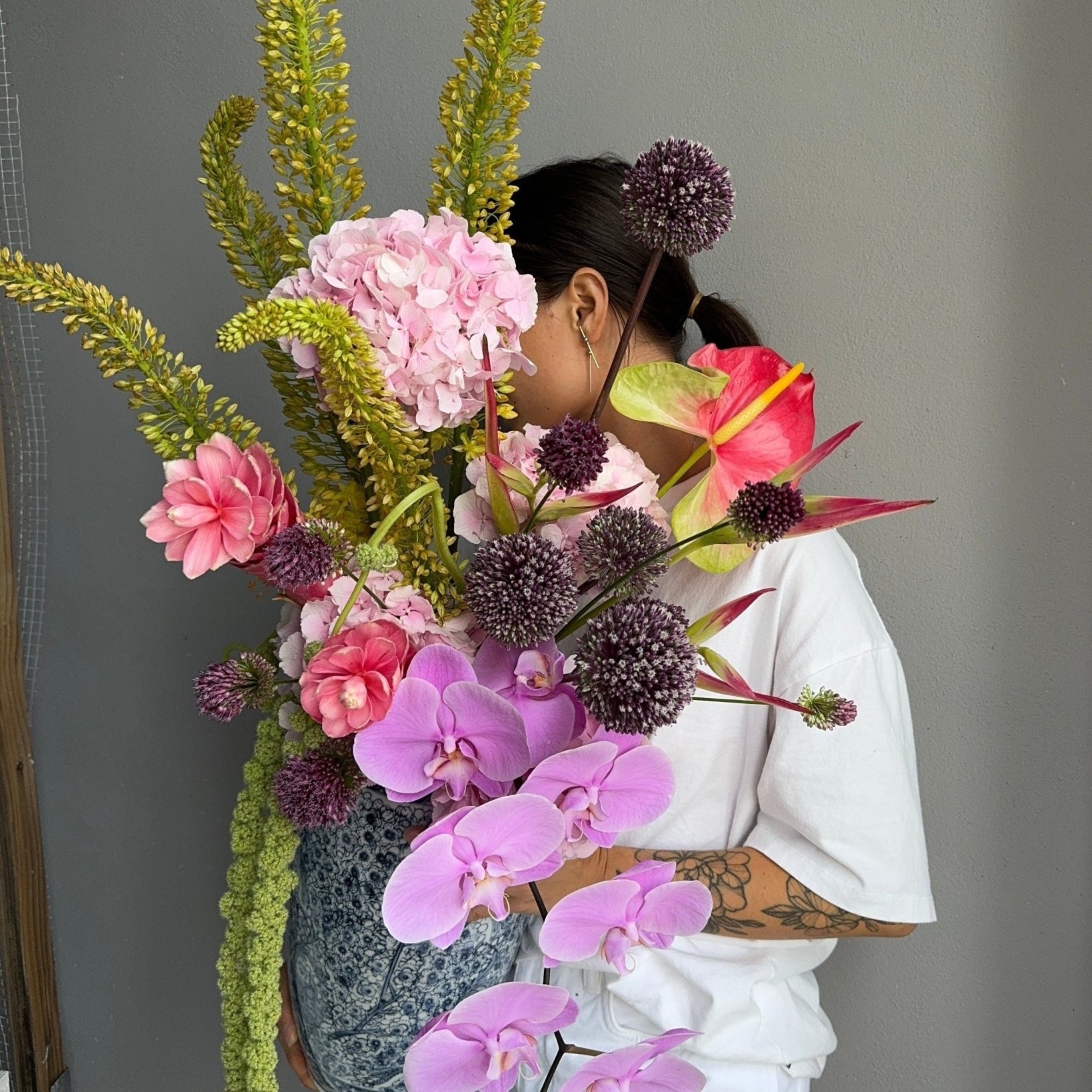 Vase Arrangement “Orchid Bloom” - orchids, anthuriums, birds of paradise, vase included - All Me Flowers