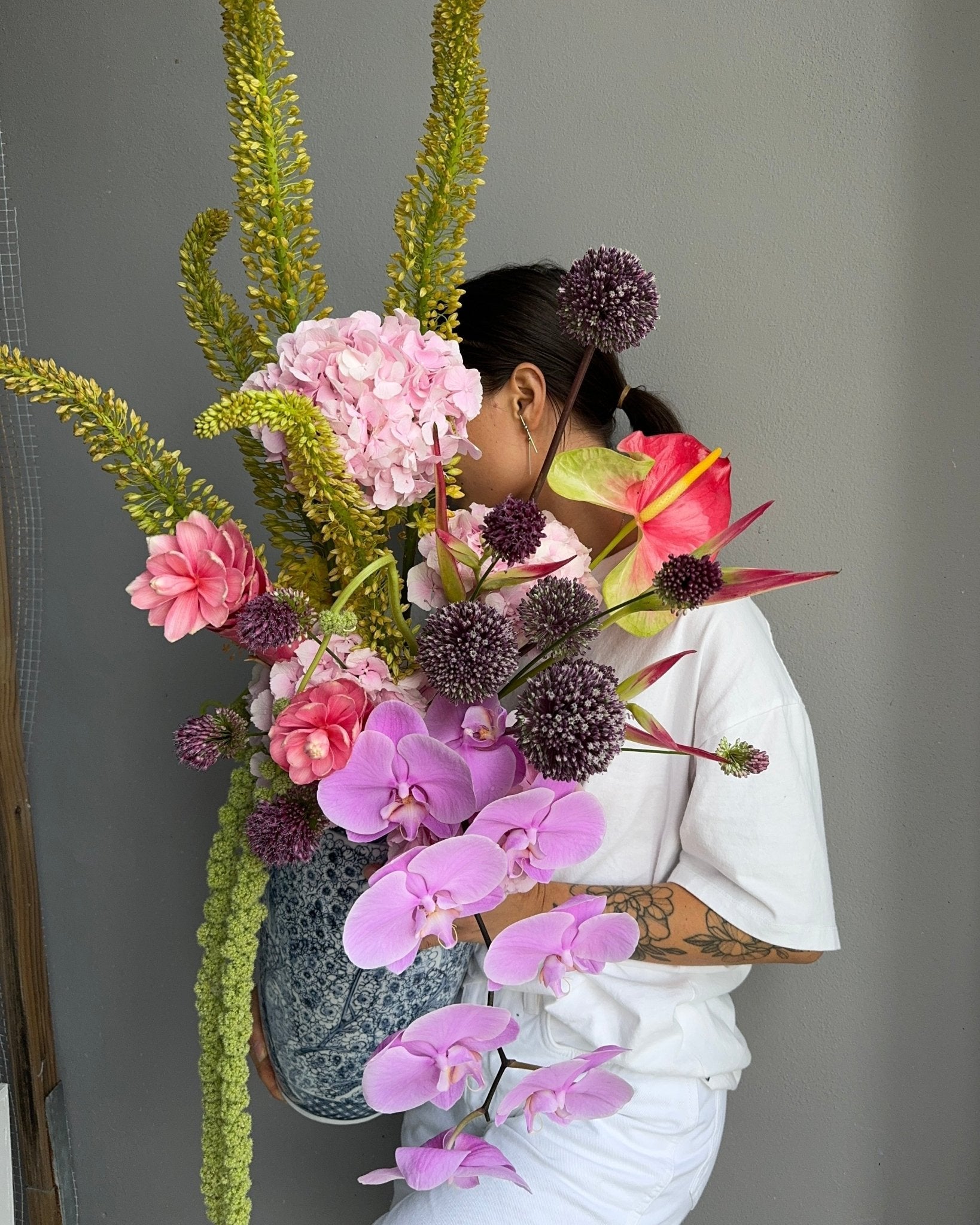 Vase Arrangement “Orchid Bloom” - orchids, anthuriums, birds of paradise, vase included - All Me Flowers
