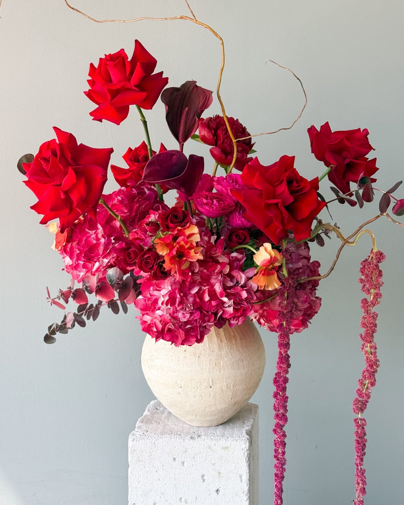 Vase Arrangement "Ruby" - roses, seasonal flowers, vase included - All Me Flowers