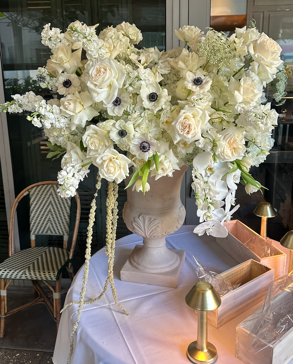 Vase Arrangement “Serene Aura” - orchids, roses, anemones, vase included - All Me Flowers