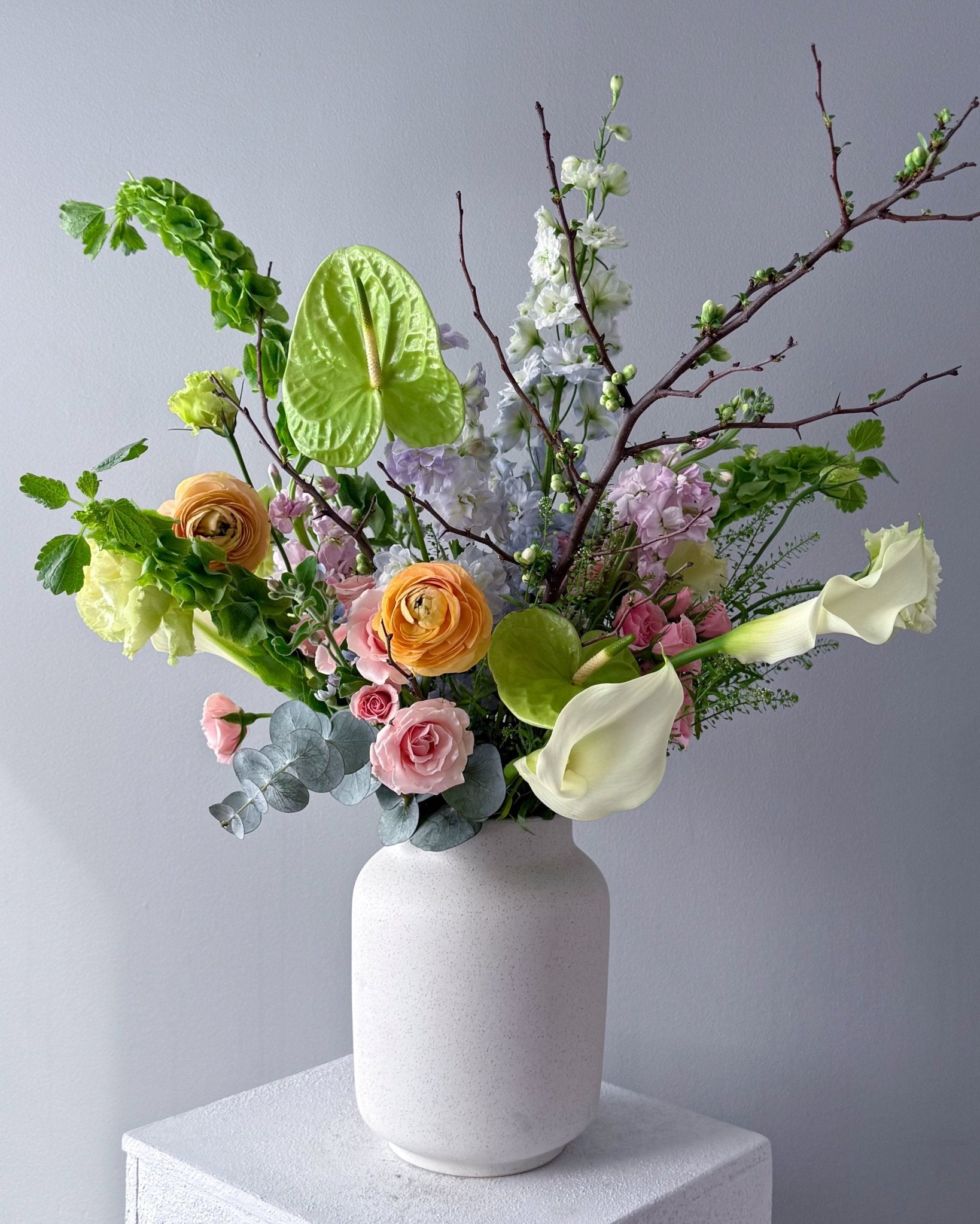 Vase Arrangement “Spring Meadow” - ranunculuses, calla lilies, roses, vase included - All Me Flowers