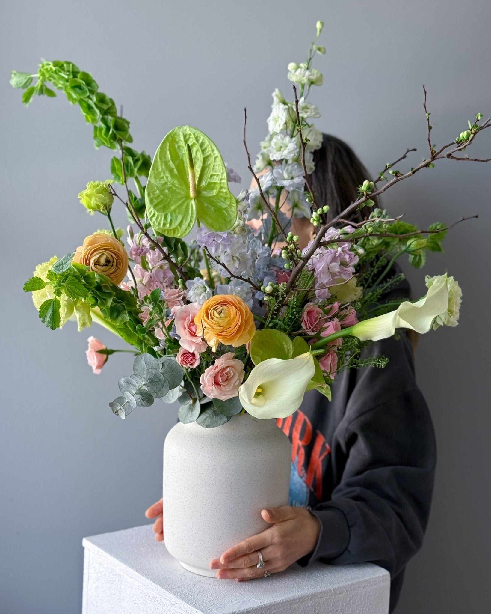 Vase Arrangement “Spring Meadow” - ranunculuses, calla lilies, roses, vase included - All Me Flowers