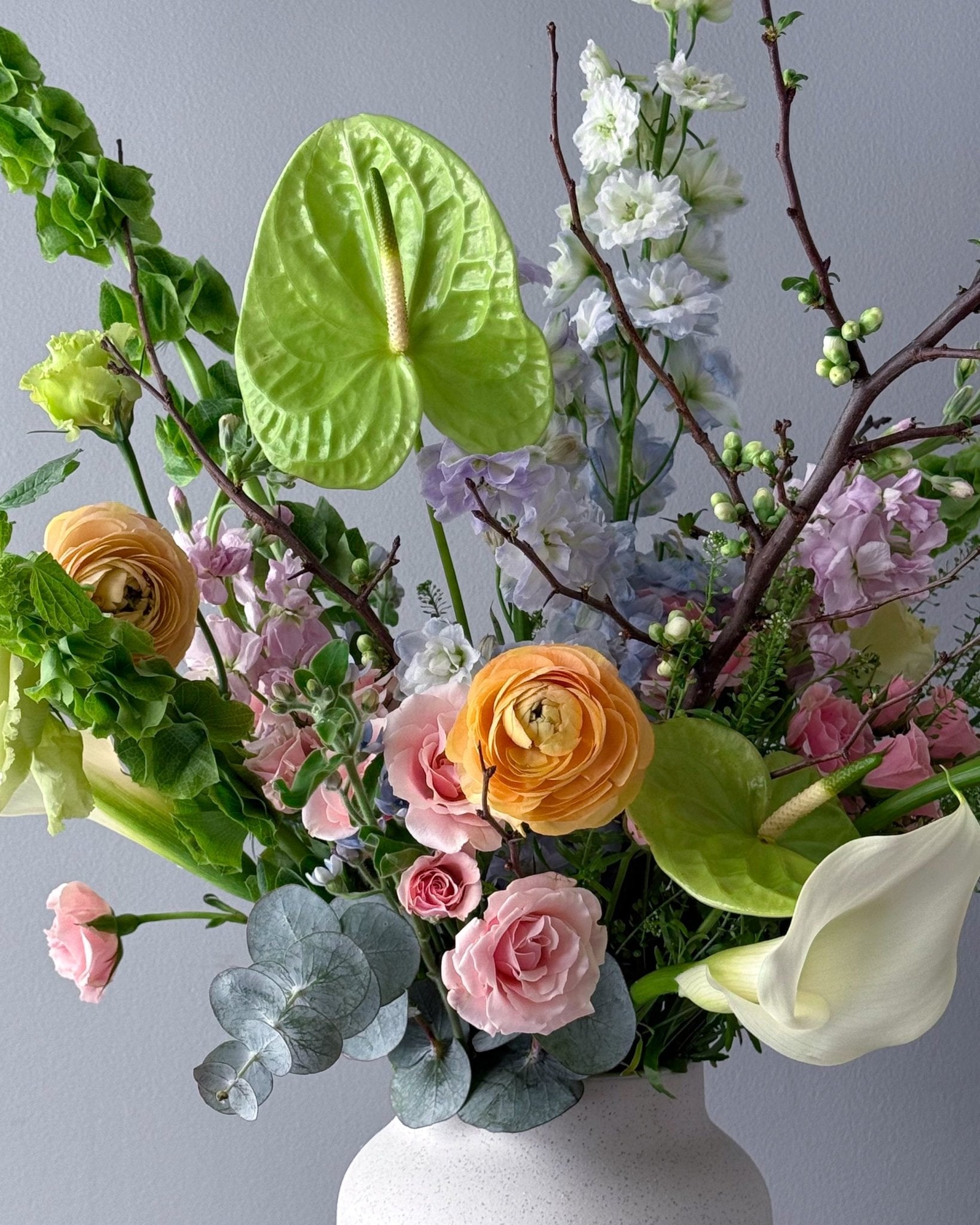 Vase Arrangement “Spring Meadow” - ranunculuses, calla lilies, roses, vase included - All Me Flowers