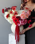 Vase Arrangement “Velour” – red roses, hydrangeas, seasonal flowers - All Me Flowers