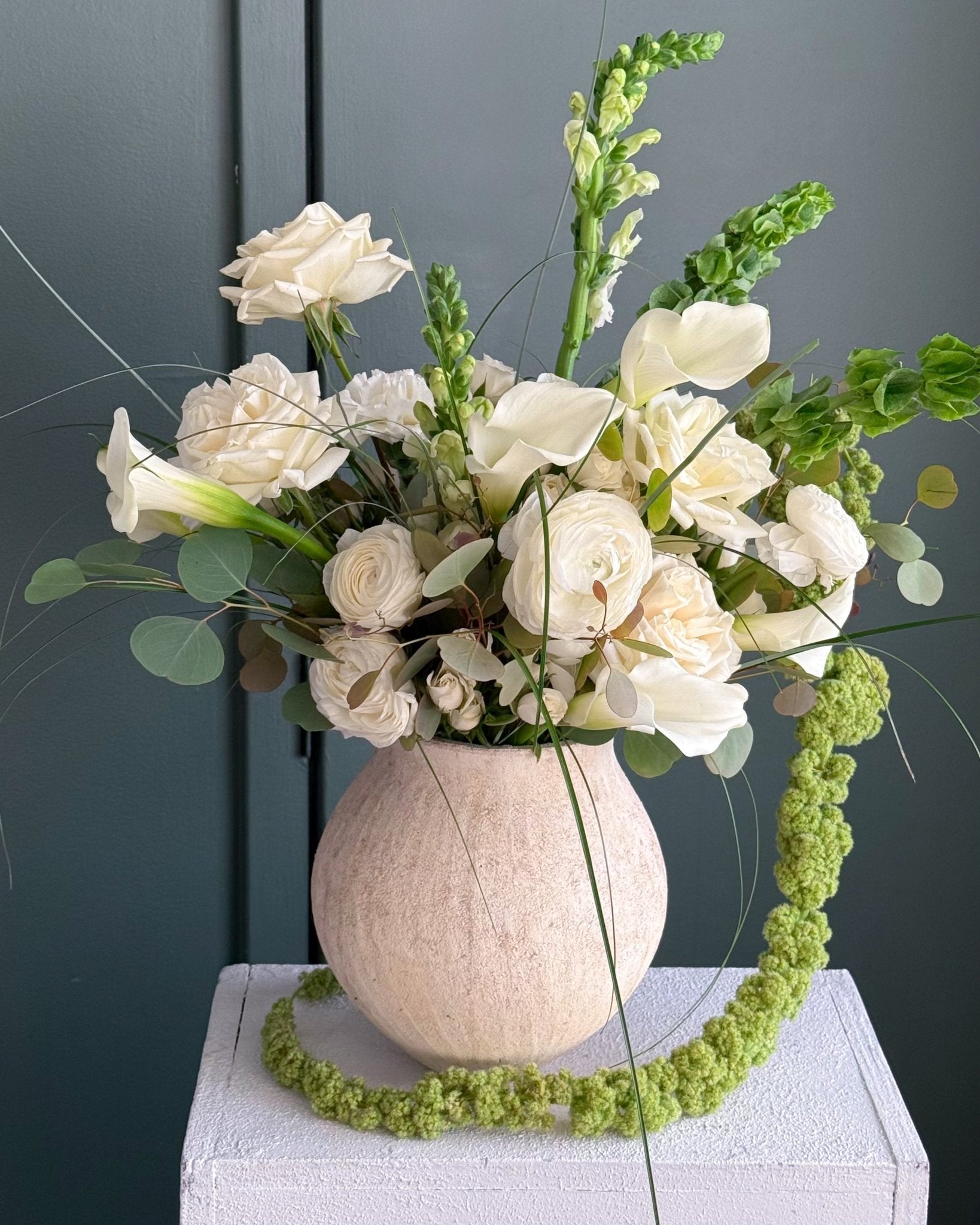 Vase Arrangement “Whisper” - peony roses, ranunculus, calla lily, vase included - All Me Flowers
