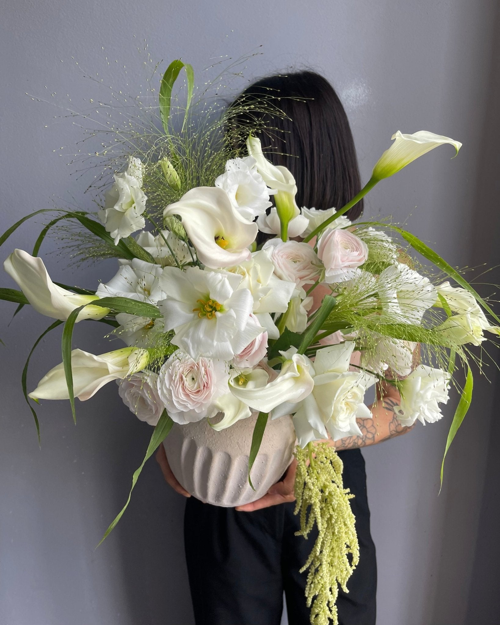 Vase Arrangement “Whisper” - peony roses, ranunculus, calla lily, vase included - All Me Flowers