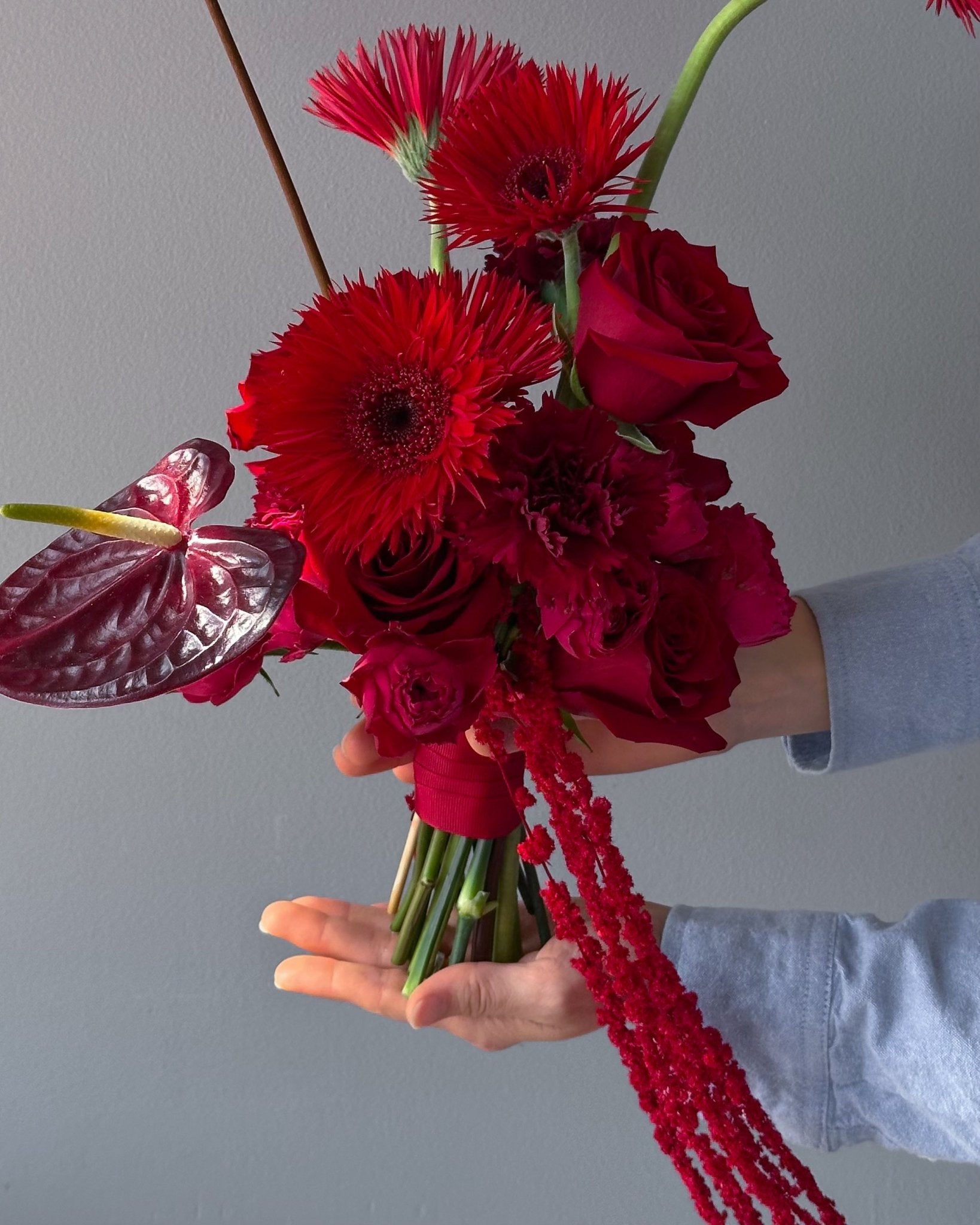 Wedding Bouquet “Rouge” - roses, anthuriums, seasonal flowers - All Me Flowers