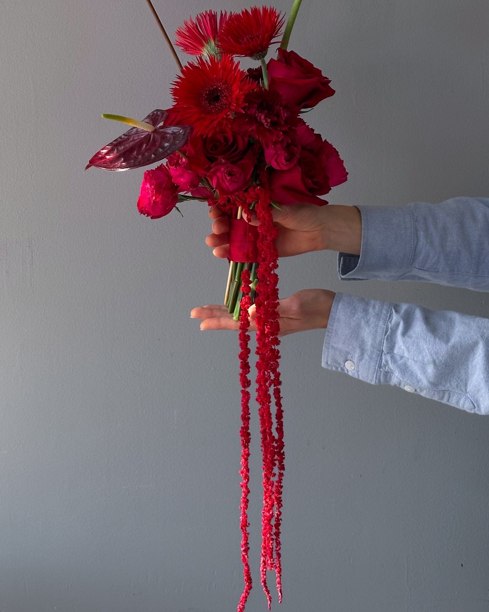 Wedding Bouquet “Rouge” - roses, anthuriums, seasonal flowers - All Me Flowers