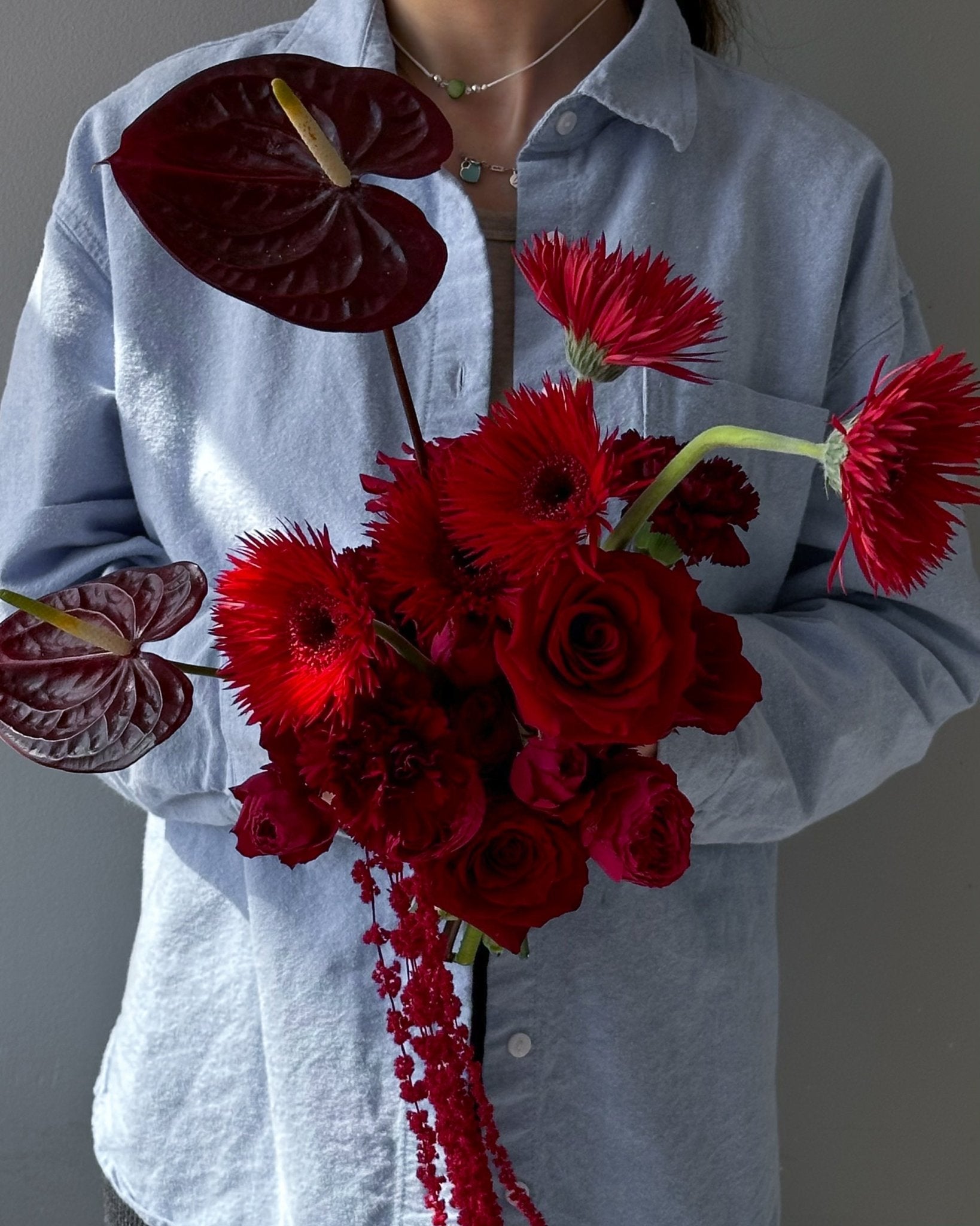 Wedding Bouquet “Rouge” - roses, anthuriums, seasonal flowers - All Me Flowers